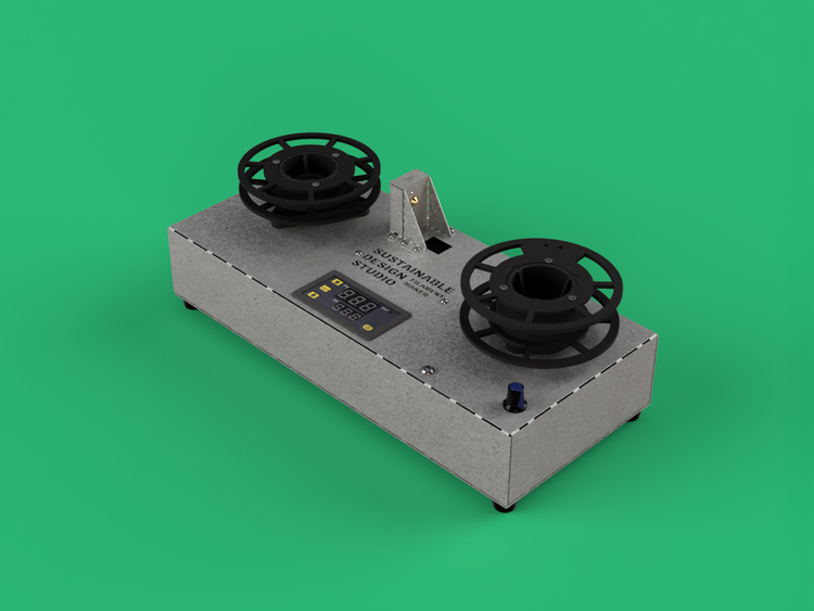 Filament Maker render showing the 12V mains adapter and benchtop footprint