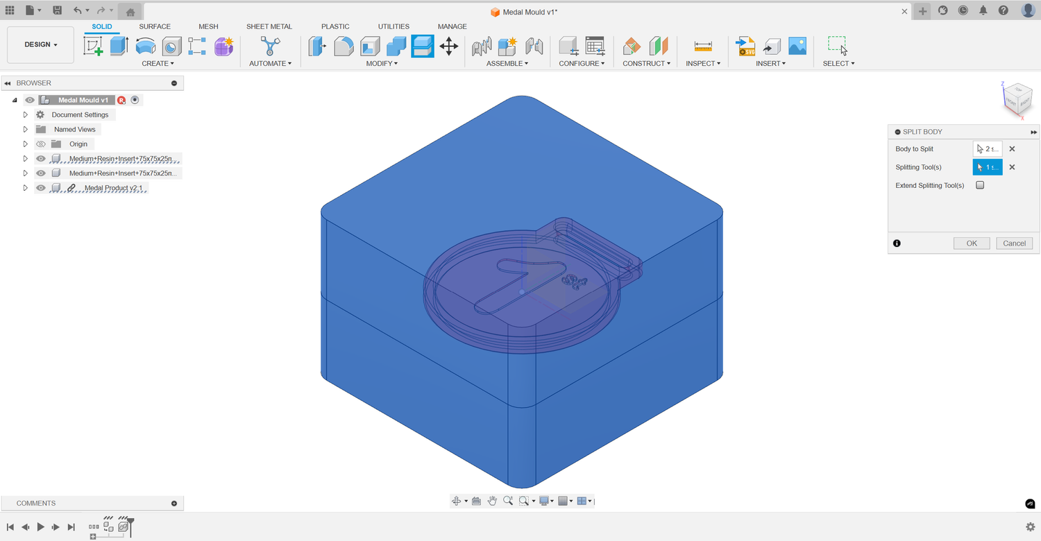 The Split Body command creating the initial mould cavity from the two blocks and object.