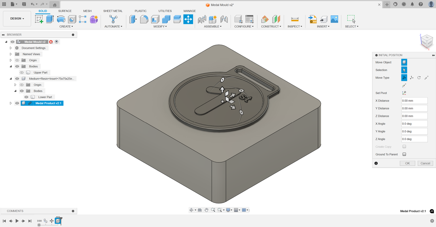 The object to inject positioned between the two blocks and centred on the X and Y axis.