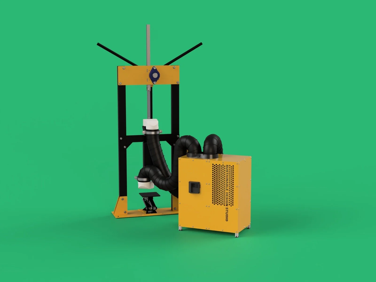 A large, yellow and black industrial machine with hoses, pipes, and a control panel, set against a bright green background.