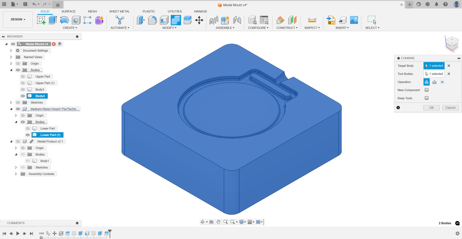 The Combine tool merging the hexagonal pattern with the corresponding mould half.