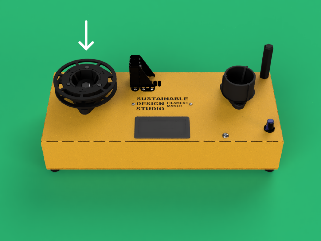 A yellow desktop device with various attachments and a small screen, labeled "Sustainable Design Flame Maker Studio," on a green background.