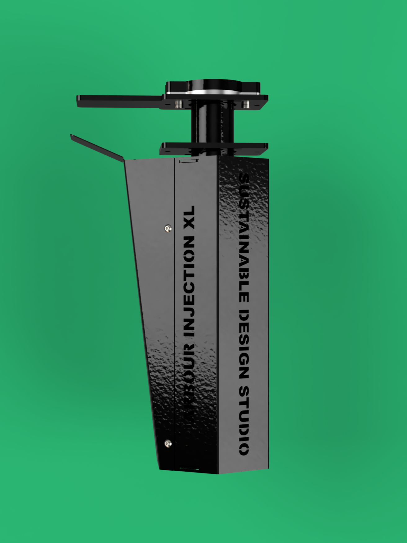 Black device with a label that says 'Sustainable Design Studio' against a green background.