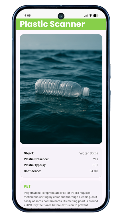The Plastic Scanner app identifying a plastic type on a smartphone.