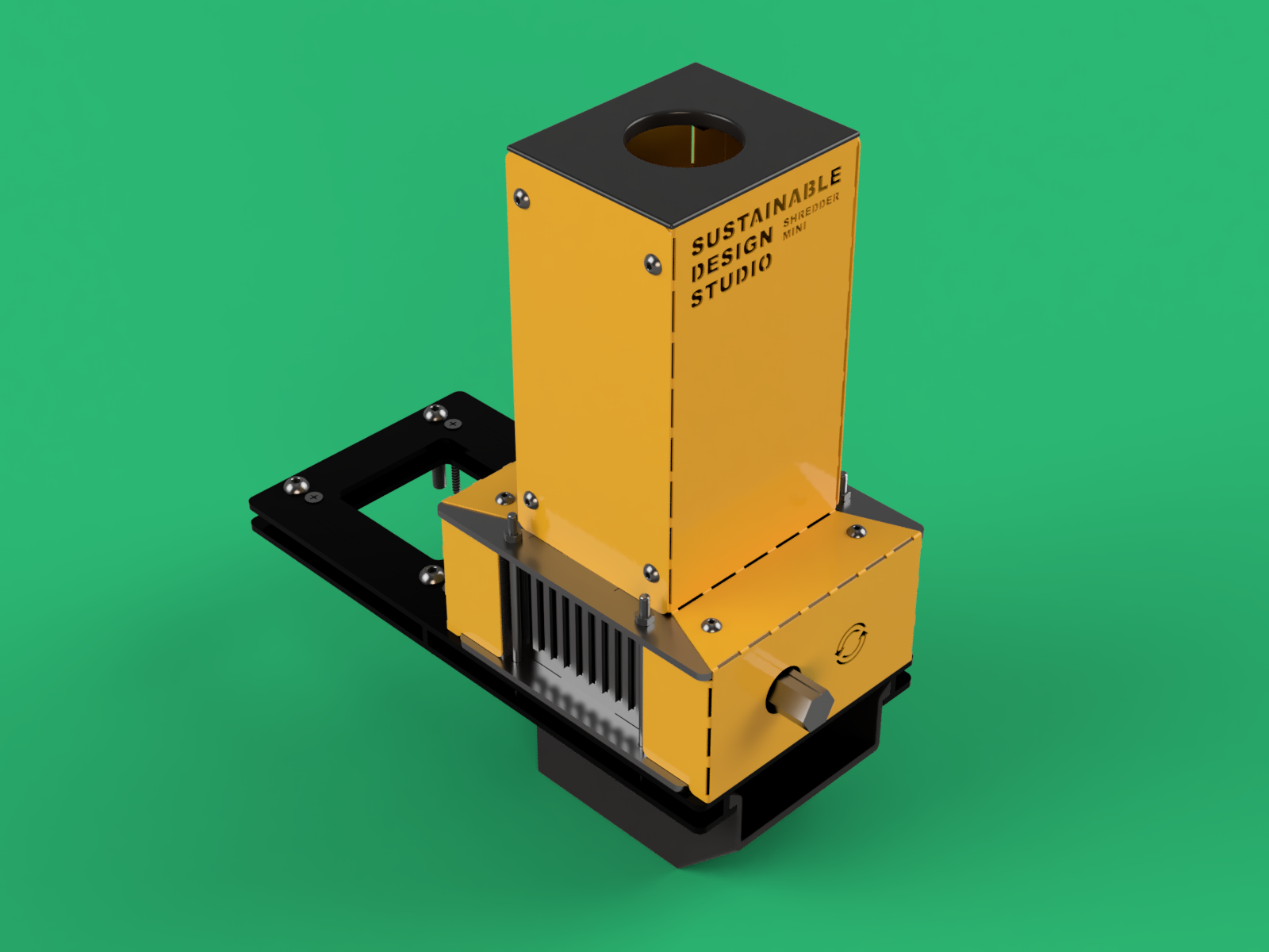 Shredder Mini V2 hand-cranked desktop plastic shredder, front three-quarter view