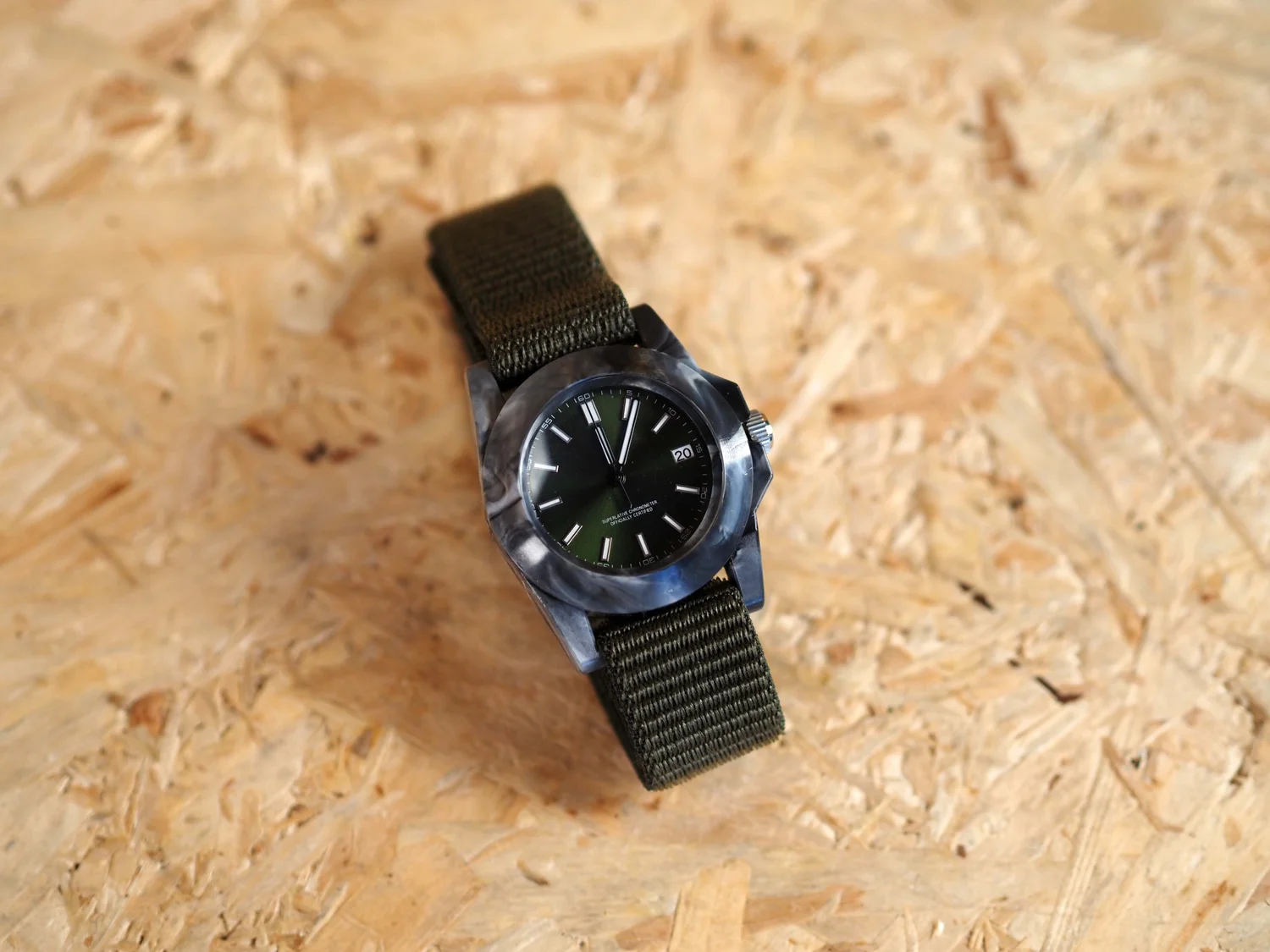 A finished recycled plastic watch built using the Sustainable Design Studio Watch Mould and an NH35 movement.