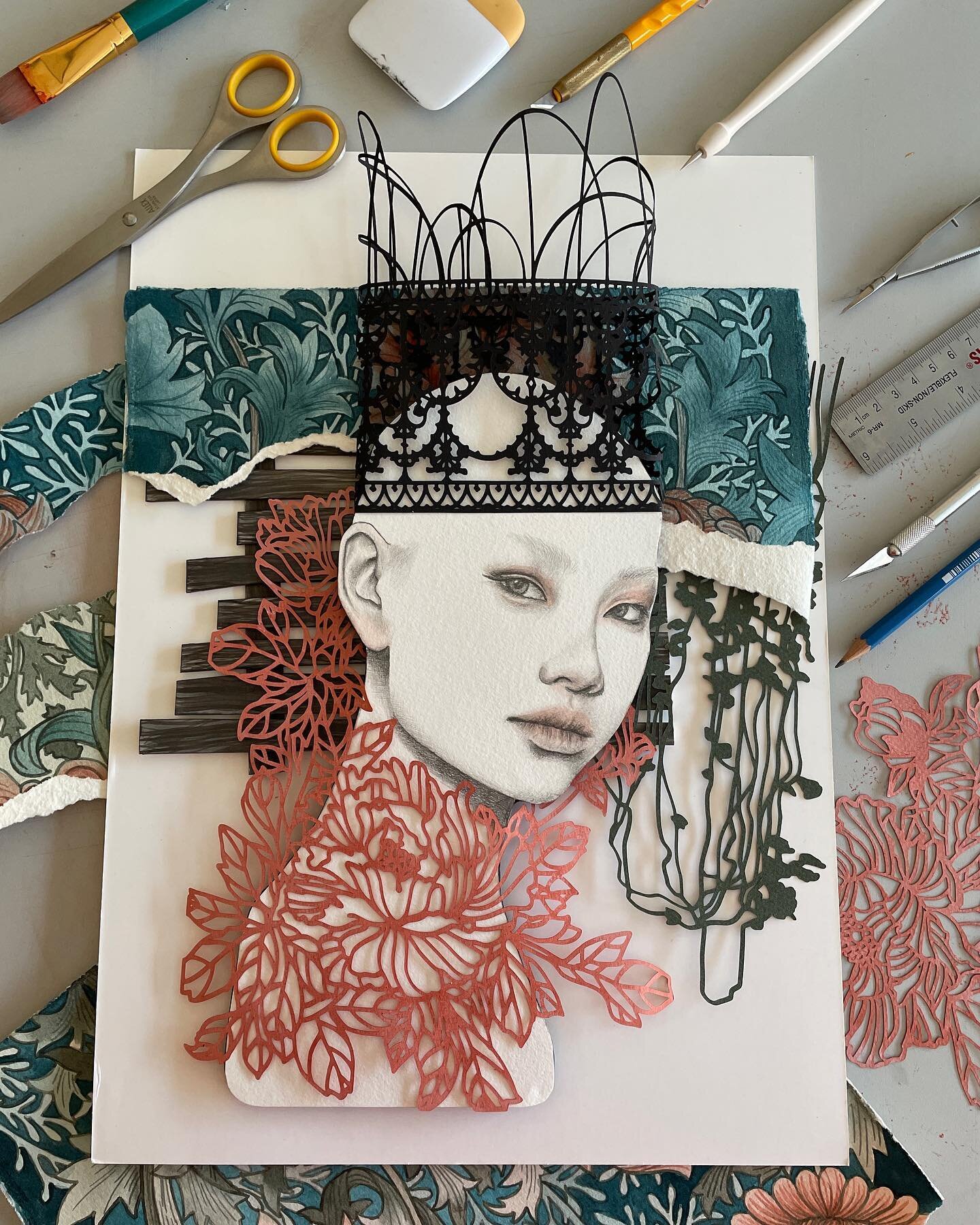 Day 27 of #amonthinpaper @paperartistcollective : currently working on&hellip; 

Surviving another year of teaching! And also&hellip; a new series of cut paper collages that layer drawing, painting, and cut paper elements. Here&rsquo;s a sneak peek. 