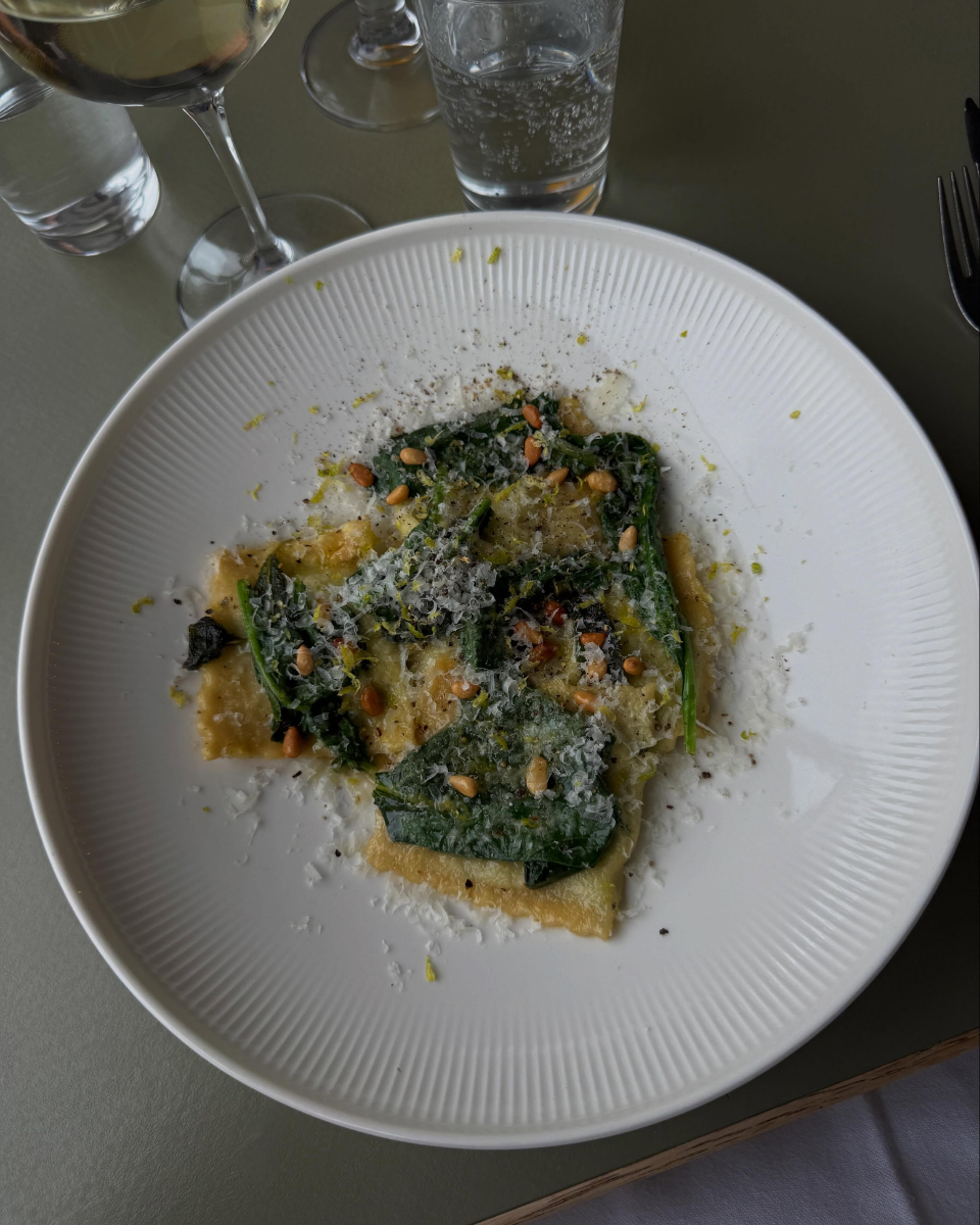 Ravioli with spinach, grated cheese and pine nuts served at Restaurant Fleisch in Copenhagen’s Meatpacking District.