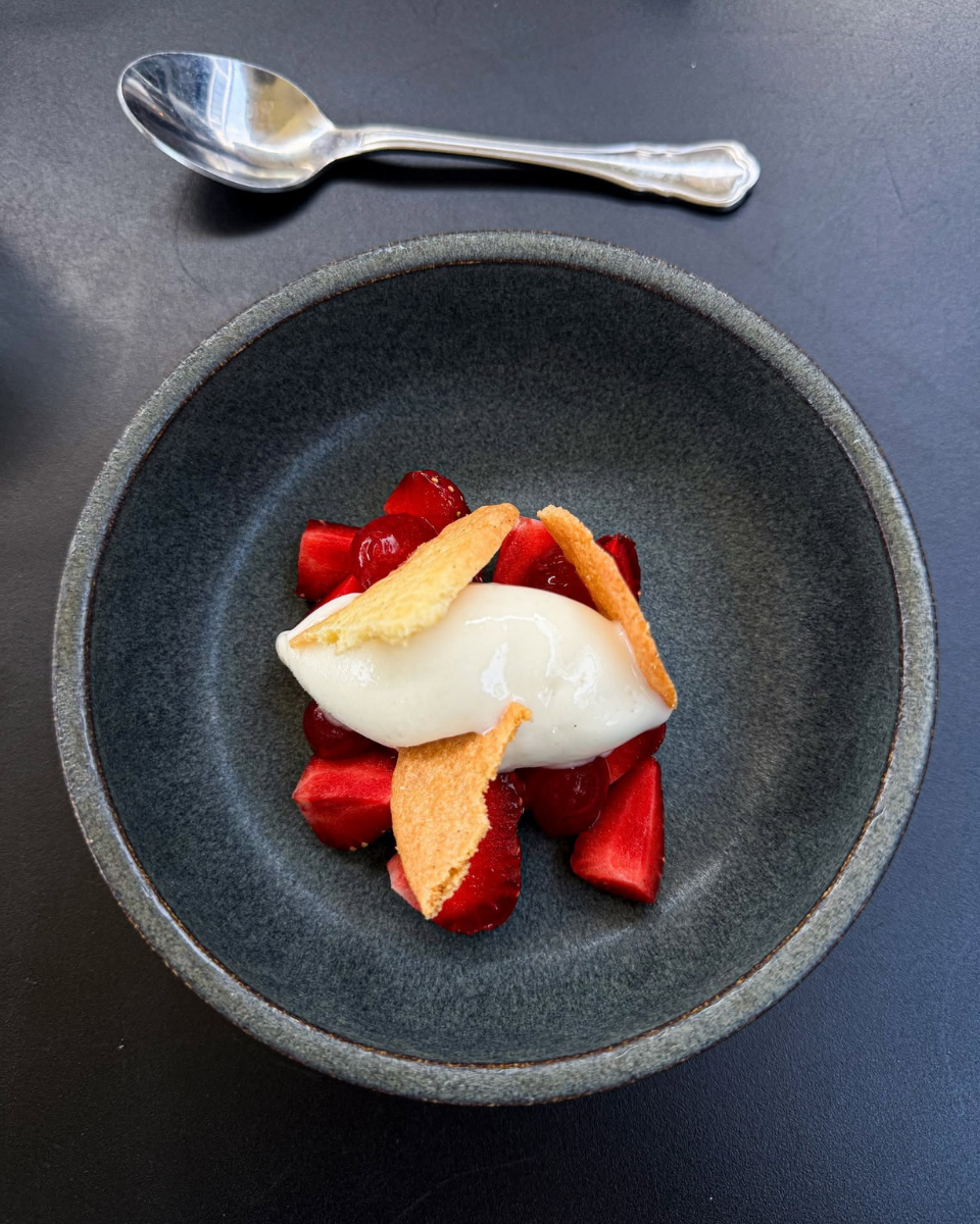 Strawberry dessert with sorbet and crisp garnish served at Restaurant Fleisch in Copenhagen’s Meatpacking District.