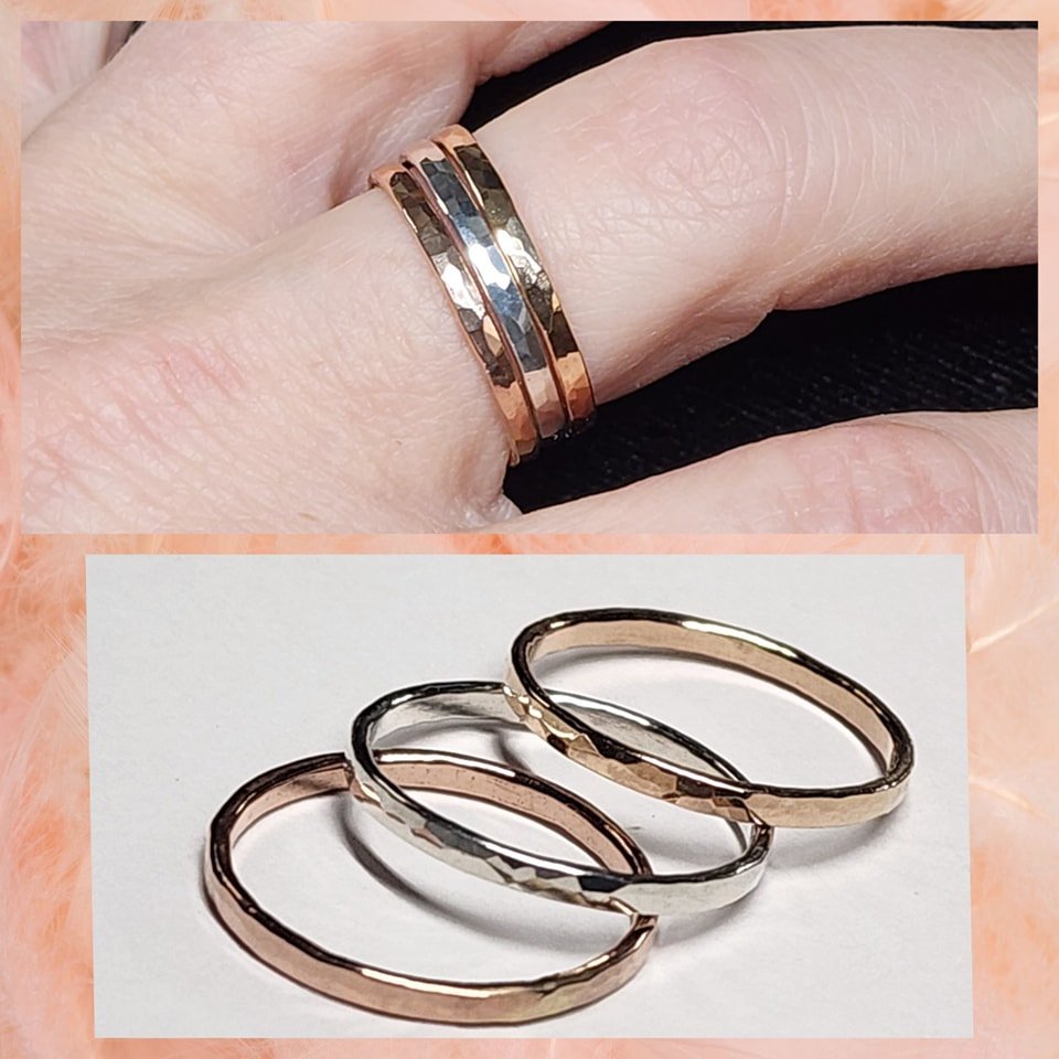 While creating a stacked set of mixed metal hammered rings, I made a set in size 8.5. Soldering 14k goldfill is tricky; it seems few jewelers will do it (for which I don't blame them!). The heavy coating of gold has to be protected during soldering &