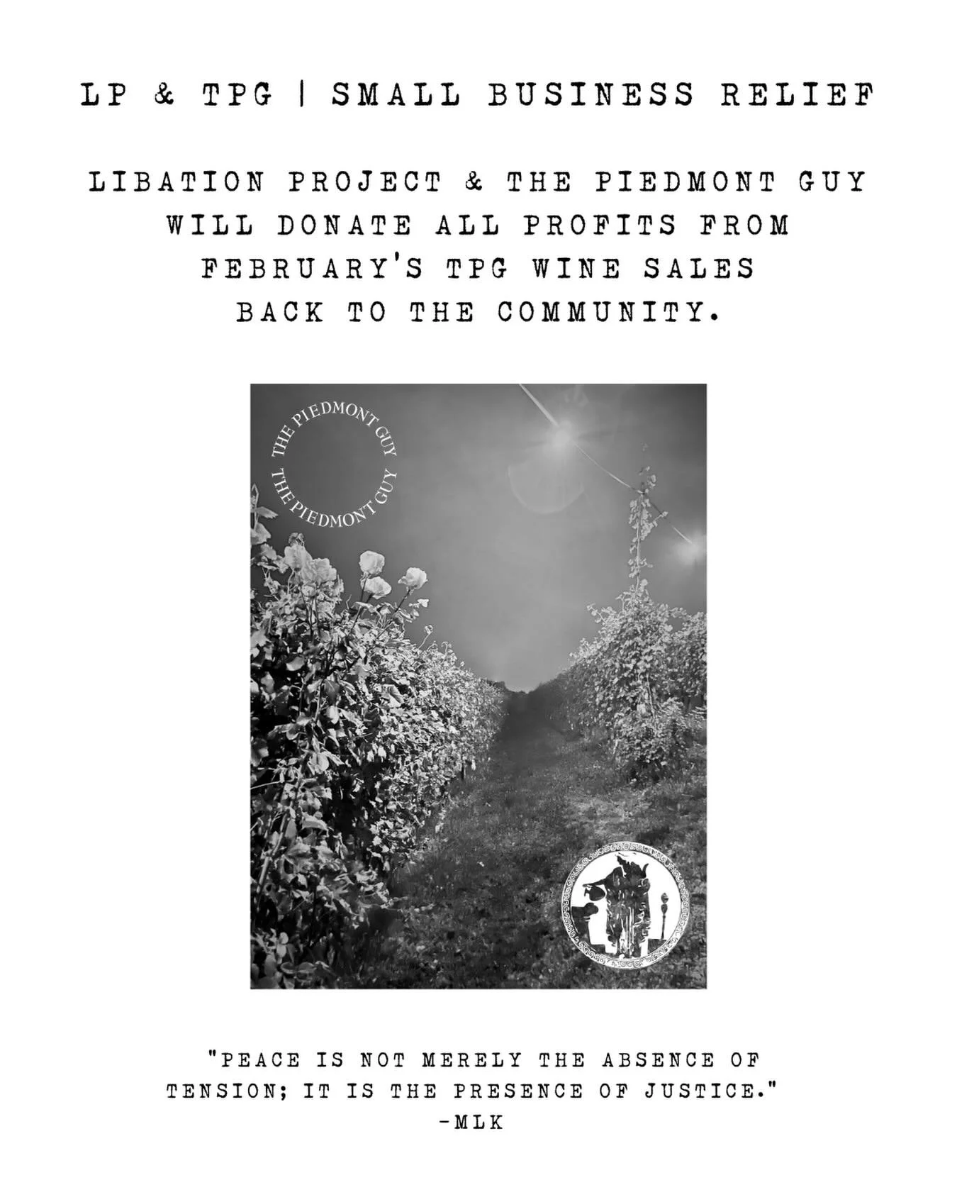 LP + TPG | Small Business Relief

We&rsquo;ve been watching our family of accounts struggle in these unprecedented times of government crackdowns &amp; abuses in MN.

We want to do our part.

For the month of February, Libation &amp; The Piedmont Guy