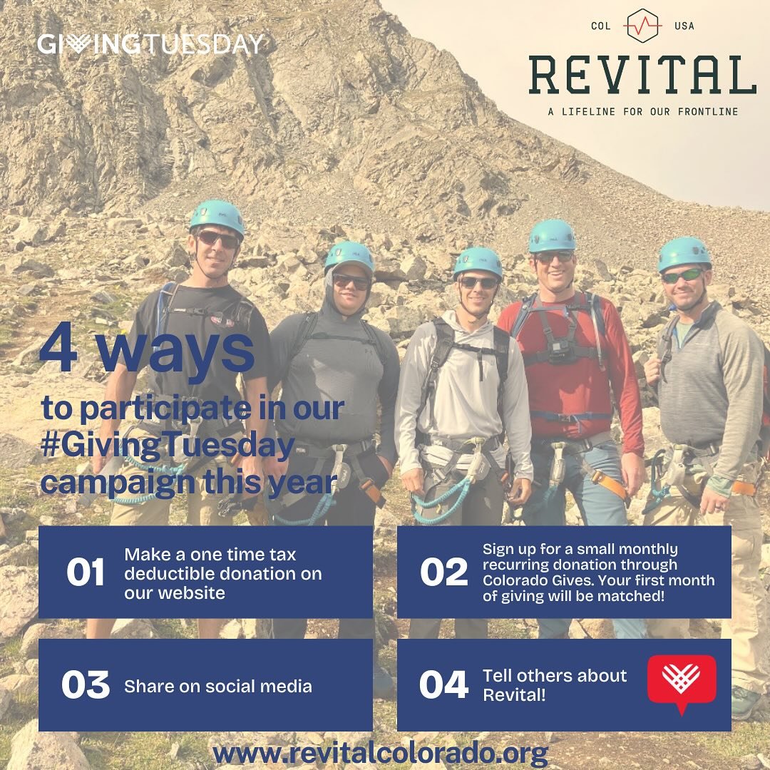 Today is #GivingTuesday!

Join us in making a difference by supporting first responders and their families through Revital. All of our services are FREE of charge for responders. Your contribution helps provide wellness outings, retreats, mental heal