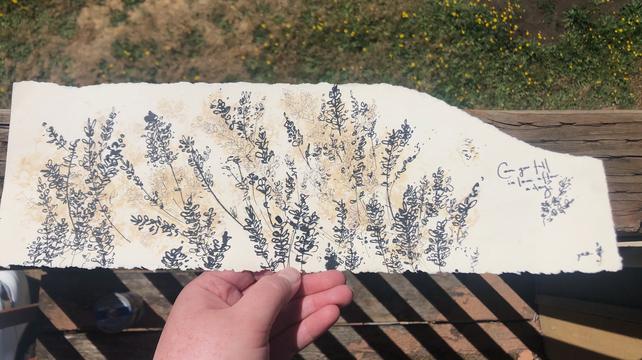 "Falling for Lavender" 2020, smashed flowers and india ink on watercolor paper scrap