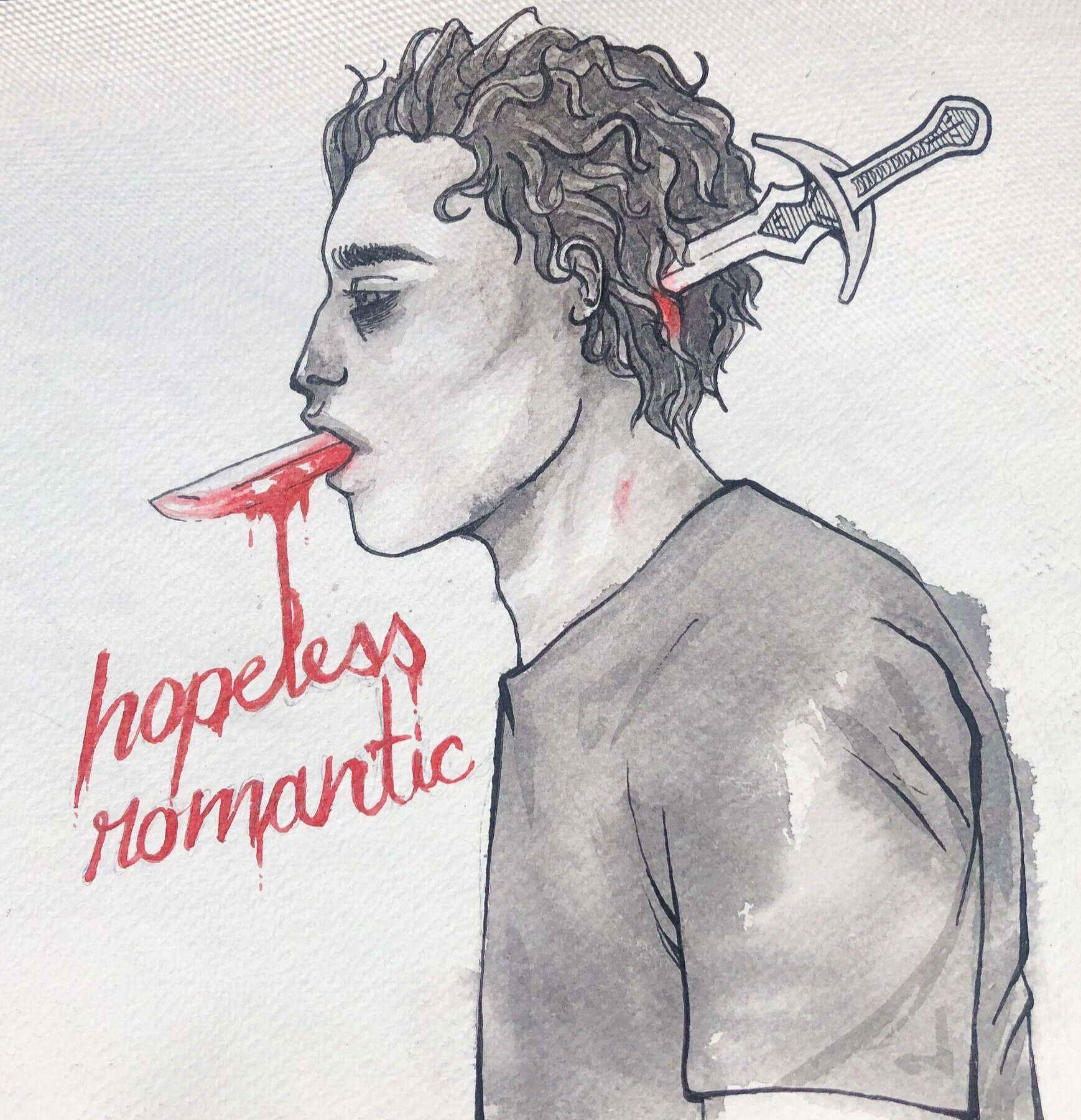 "Hopeless Romantic" 2020, india ink and red ink on watercolor paper
