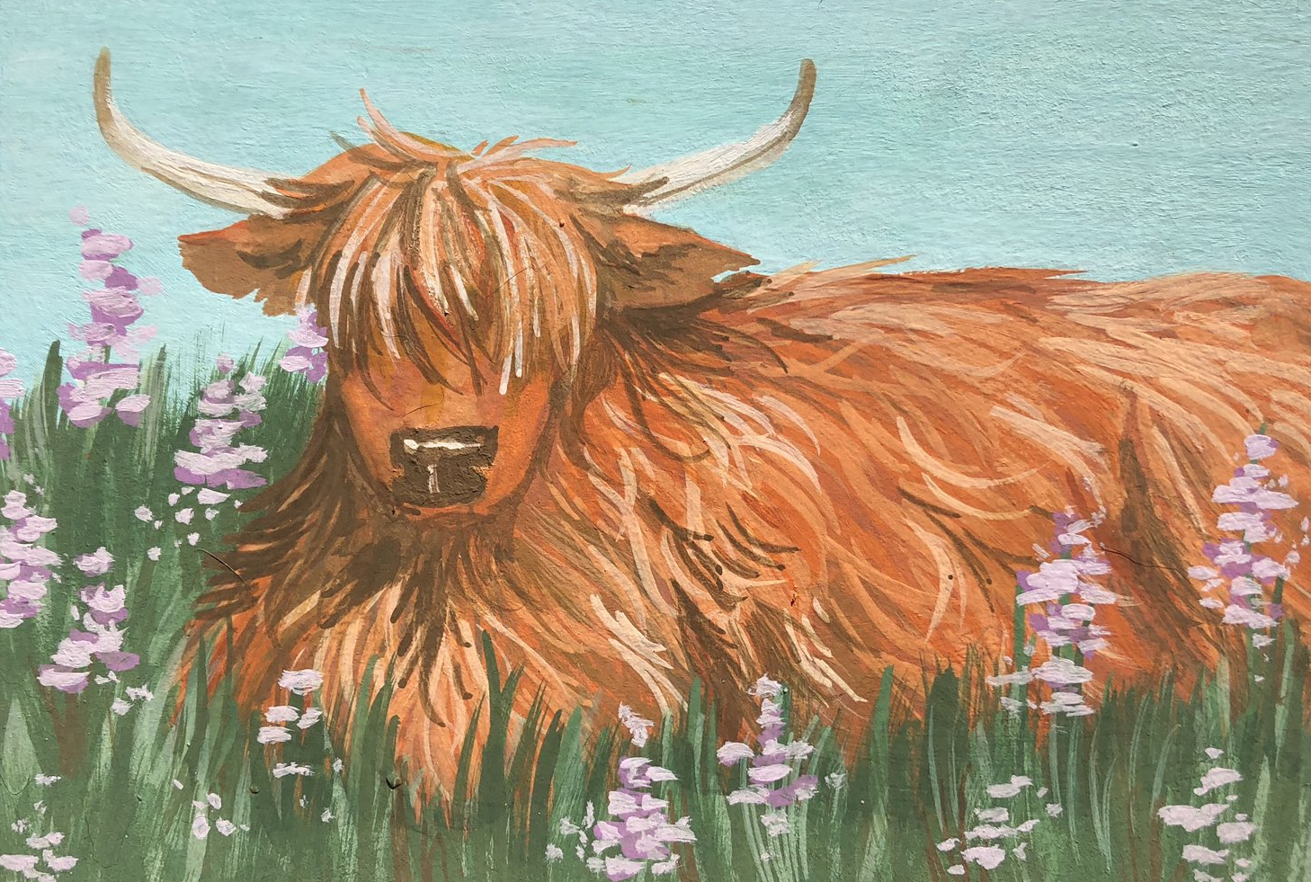 "Highland Cow Gift" 2020, gouache on watercolor paper