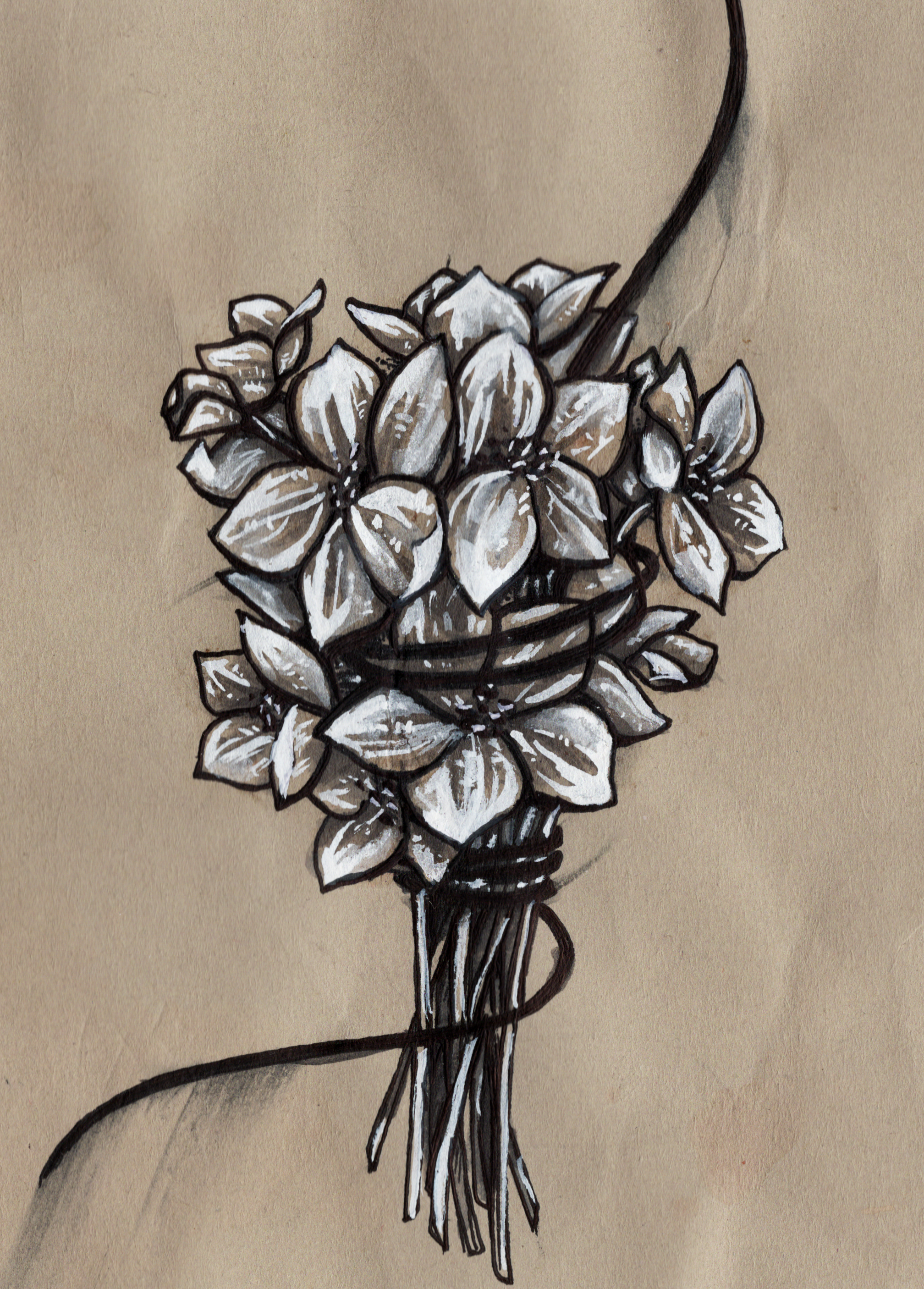 "Untie the Gagged Violets" 2021, india ink and white ink on scrap paper