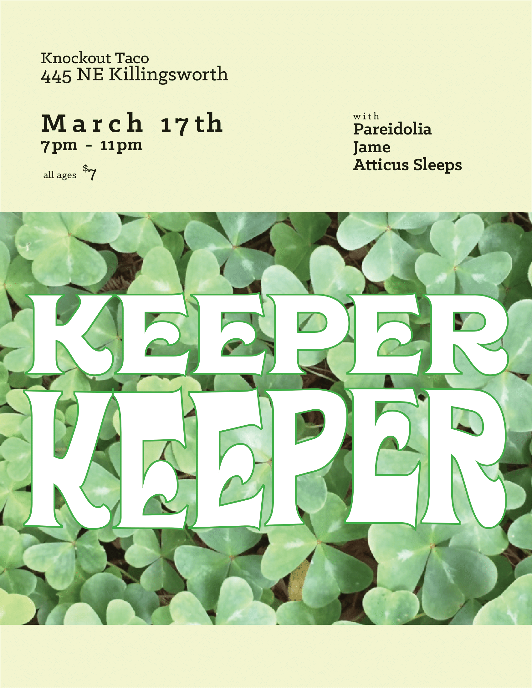 "Keeper Keeper Poster" 2018, illustrator, local Portland band