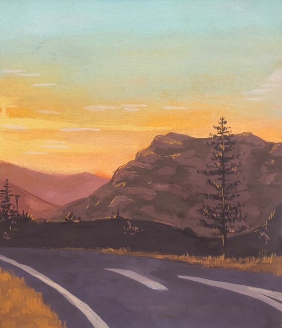 "A Long Indie Road" 2021, gouache on bristol board