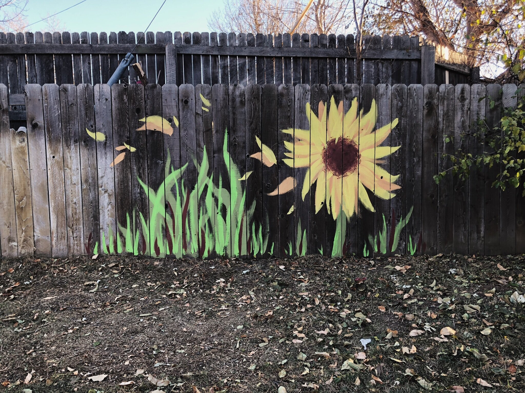 "Sunflower Mural - Section Two" 2020, acrylic on wood fence