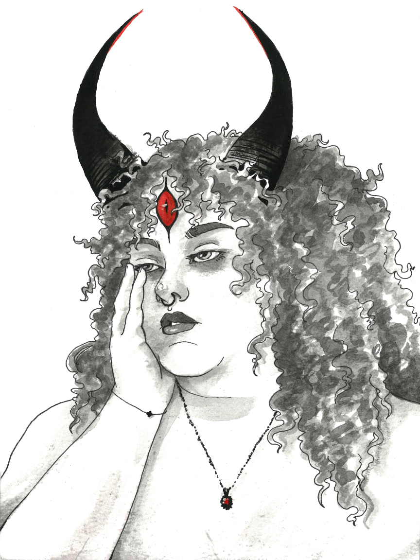 "Self Portrait, Demon" 2023, india ink and red ink on watercolor paper