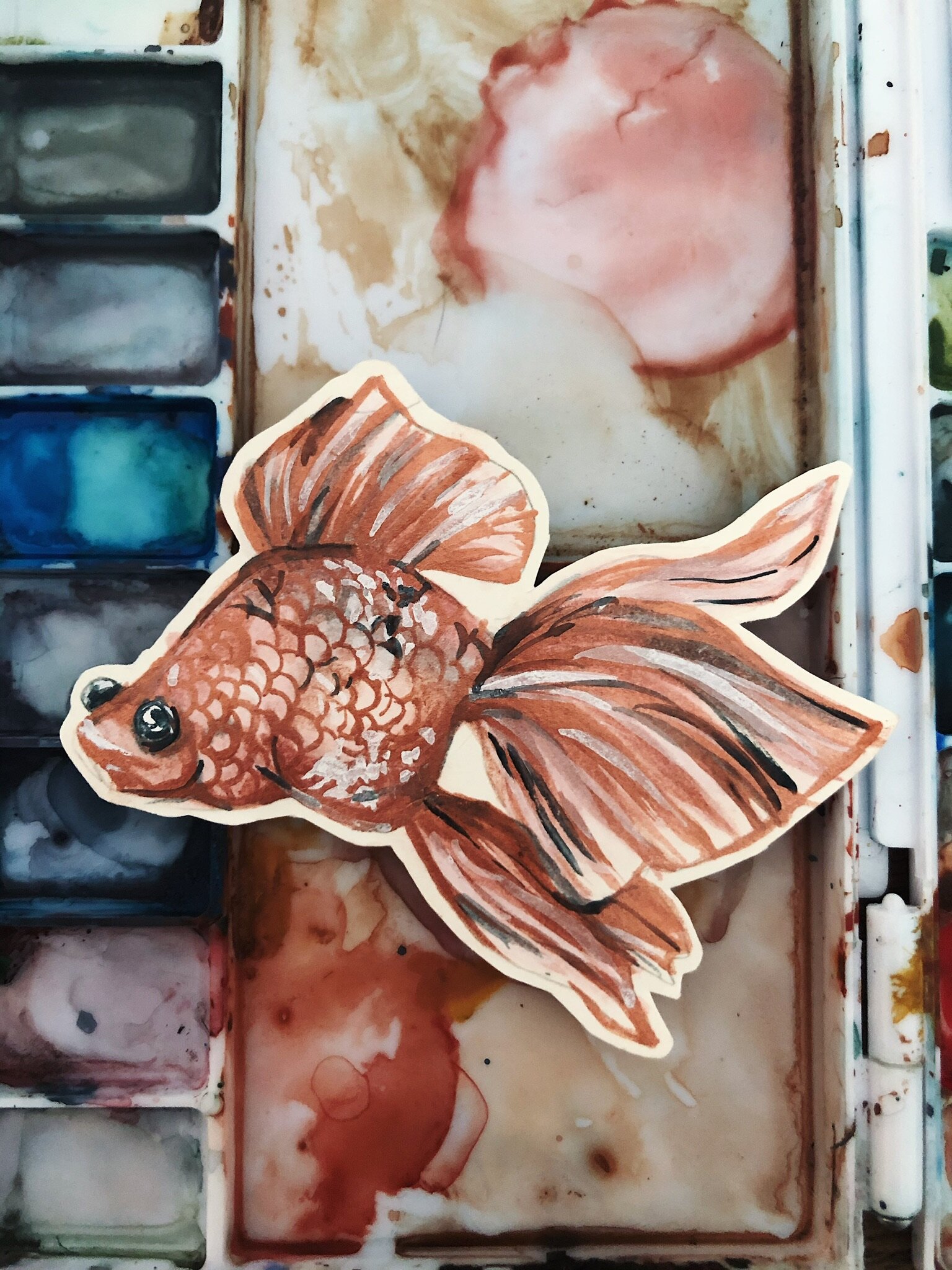 "Big Eyed Fish" 2020, watercolor and copper ink on bristol paper