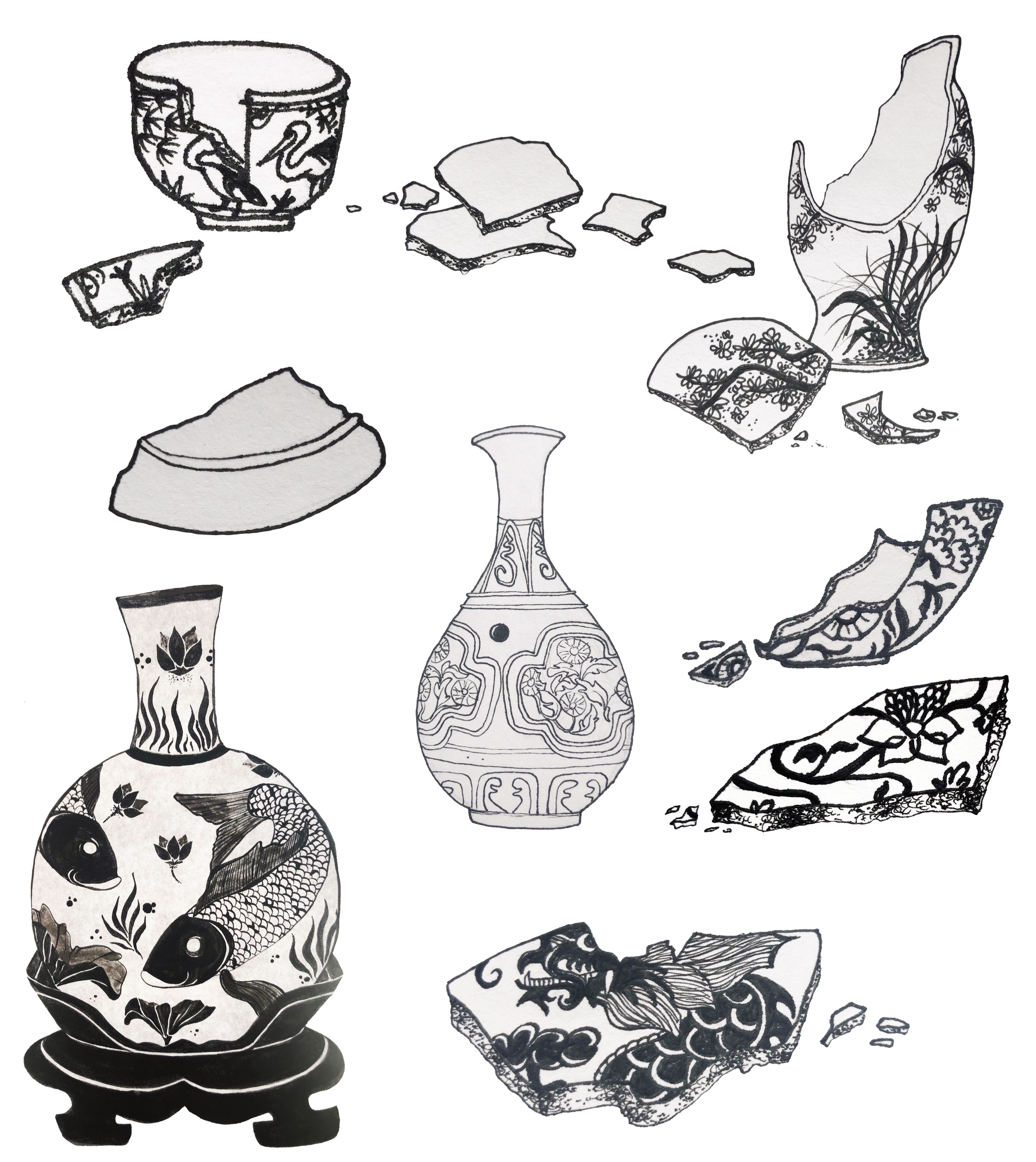 "Ceramic Pieces - Poetry Book" 2020, india ink on bristol