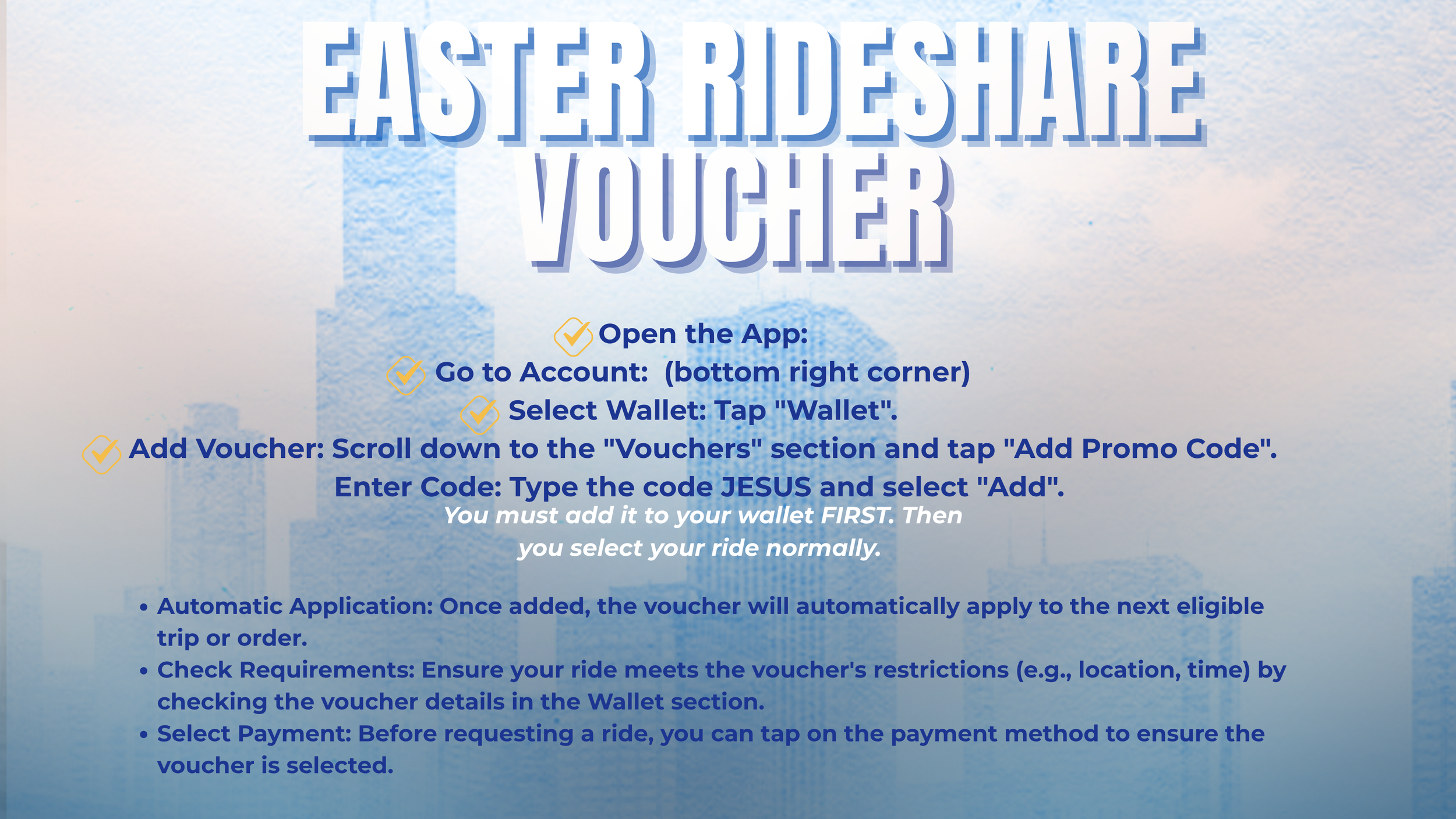 Instructions to redeem a voucher for a rideshare to the Marriott Marquis in Chicago on Easter