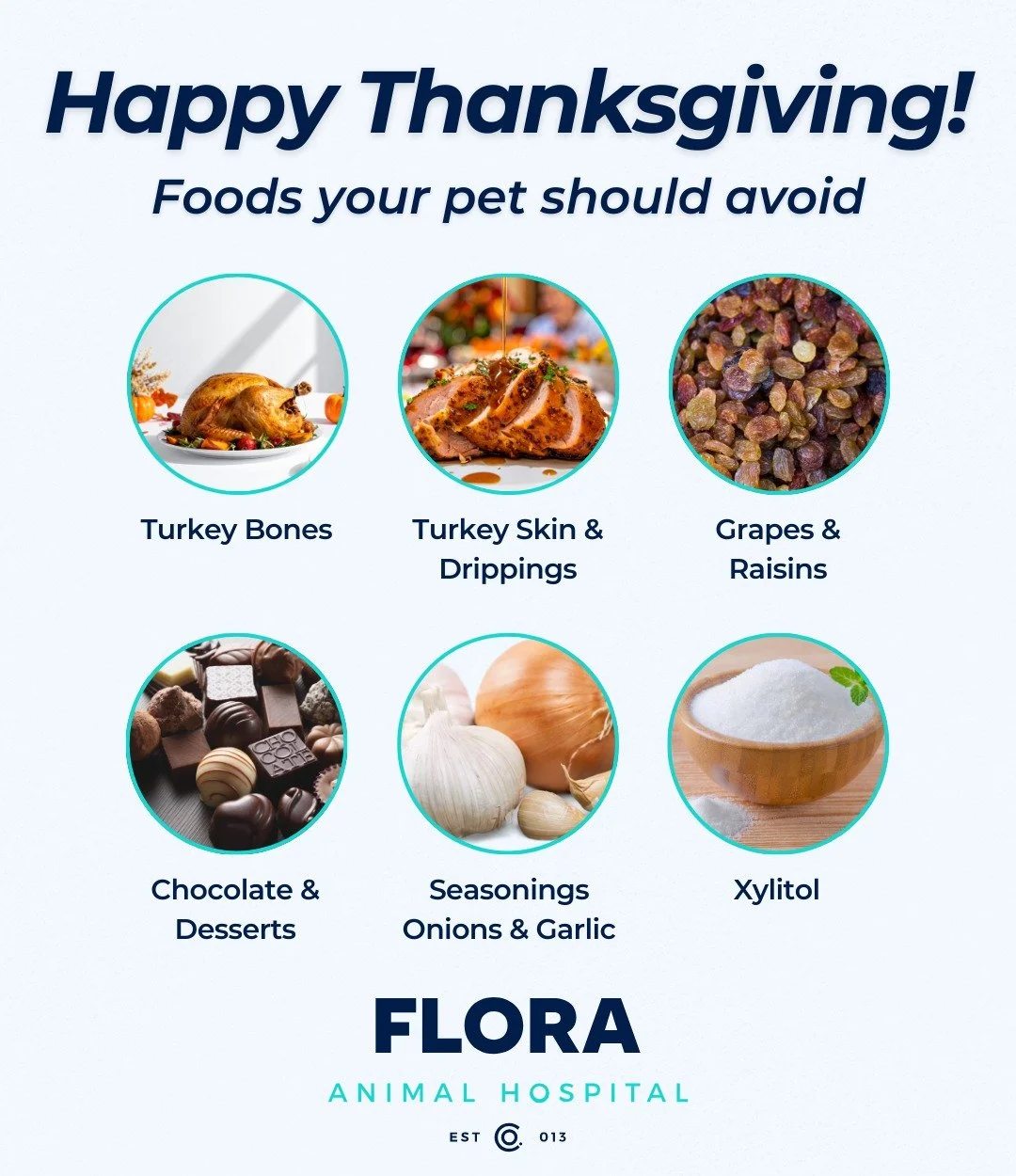 Thanksgiving is full of delicious food, but not all of it is safe for pets. 

Here are a few of the most common holiday foods to avoid sharing with your furry friends. Even small amounts of things like turkey bones, grapes, or anything with xylitol c