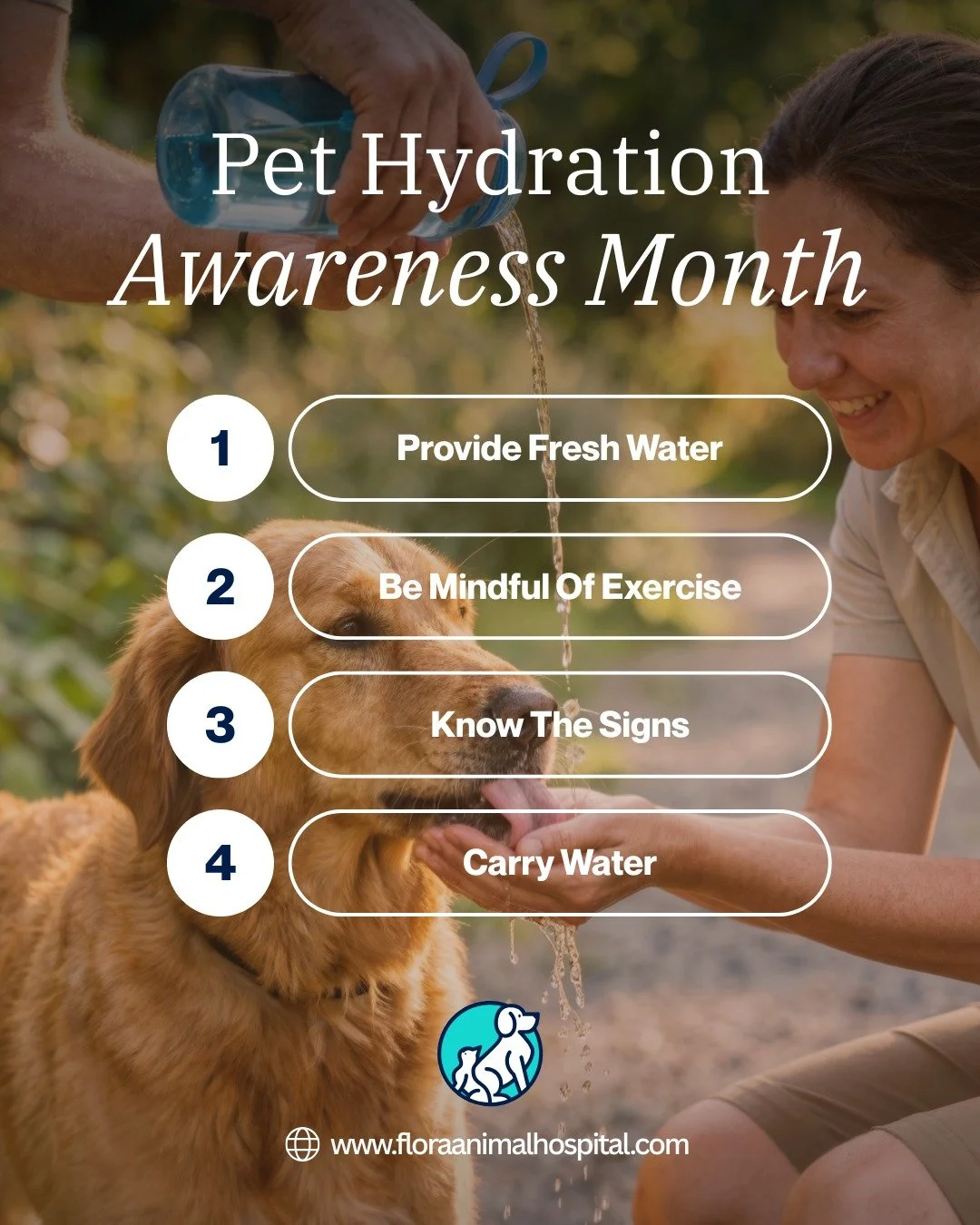 July is Pet Hydration Awareness Month!

Keeping your pets hydrated is essential, especially during these hot summer days! Here are 4 simple tips to help prevent dehydration and keep your furry friends healthy:
💧Know the signs: Look out for excessive