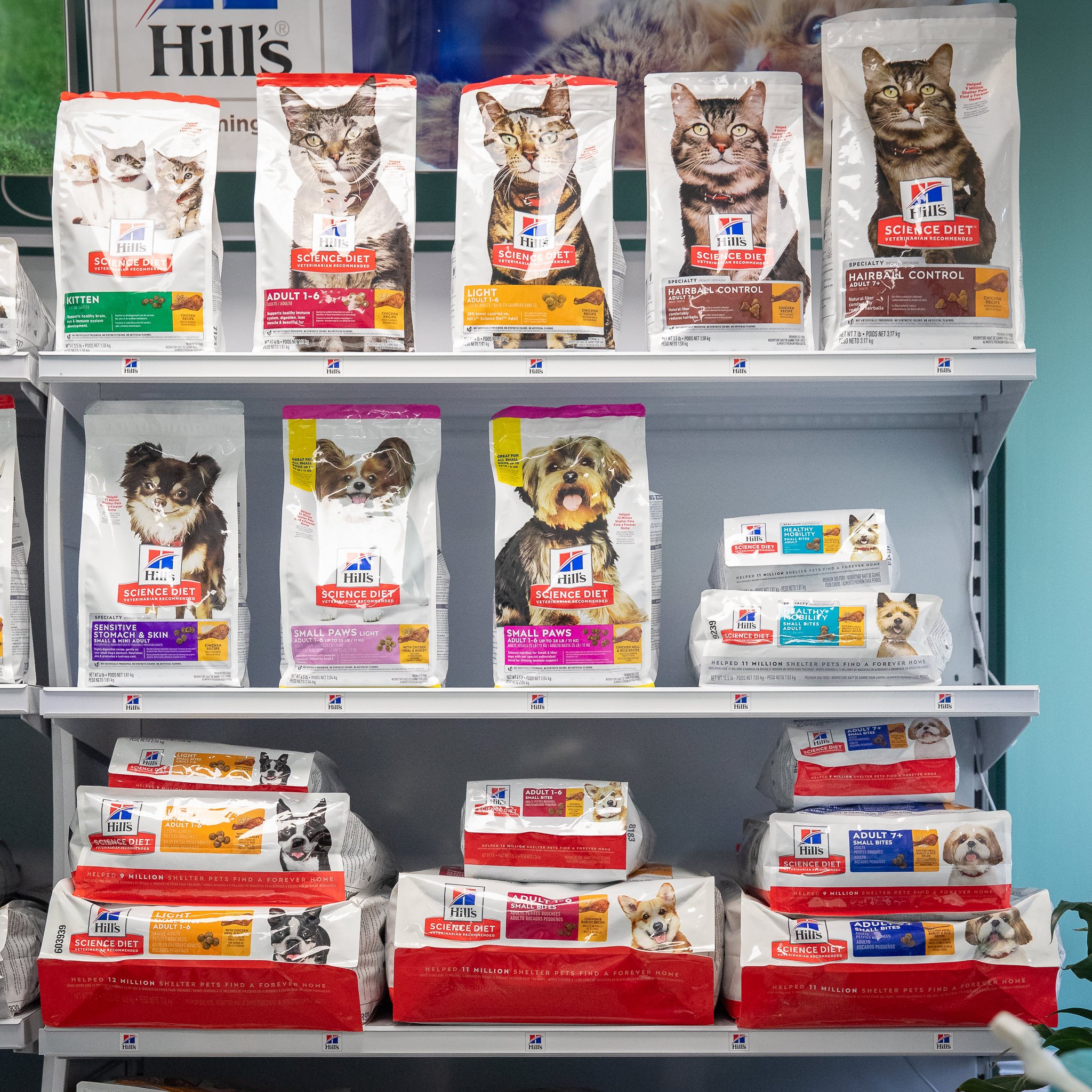 Shelves filled with pet food inside Flora Animal Hospital