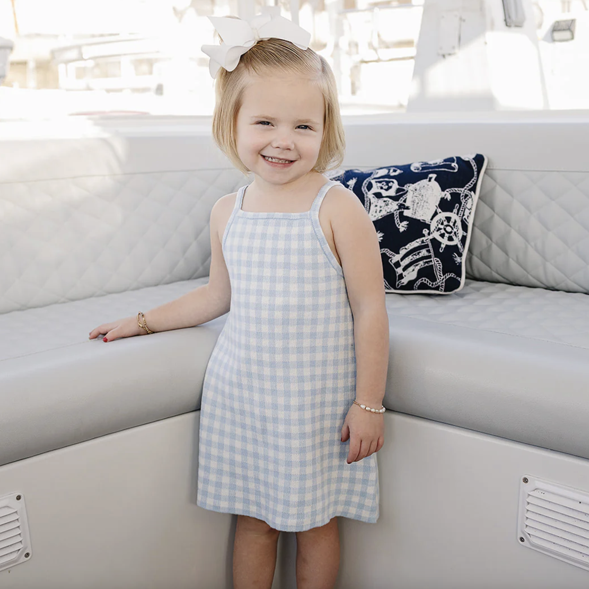 Blue Knit Gingham Dress