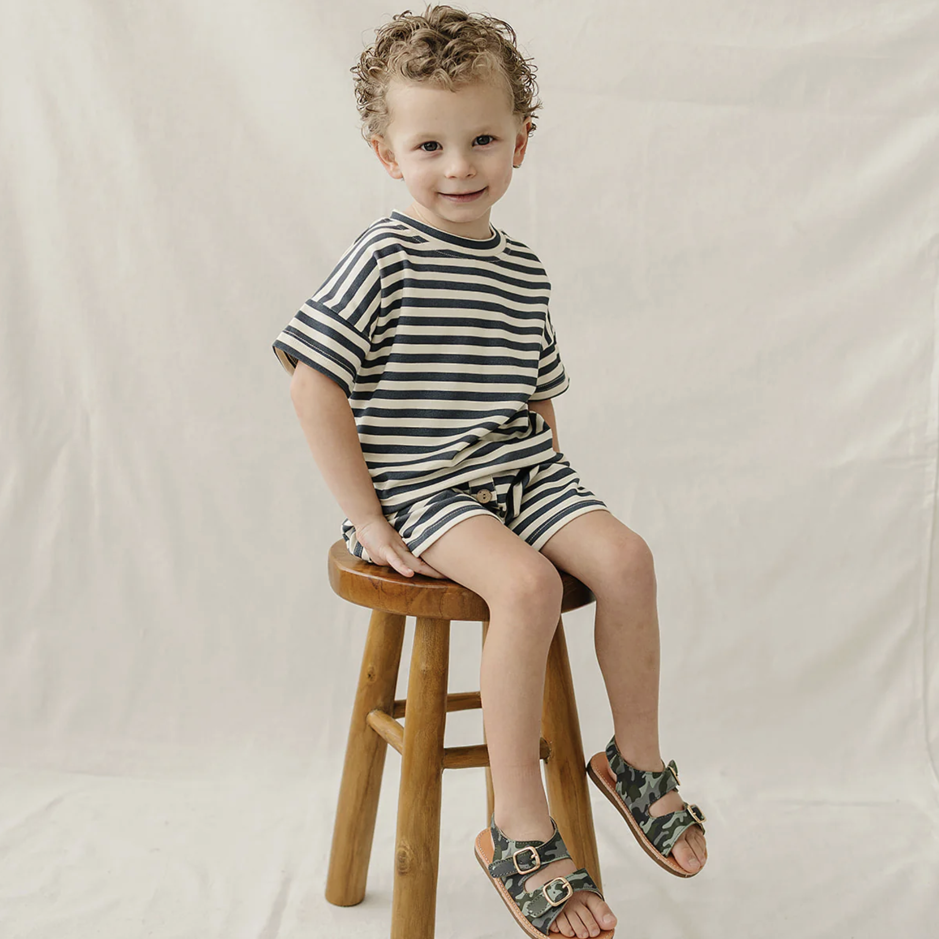 Navy Stripe Button Short Set