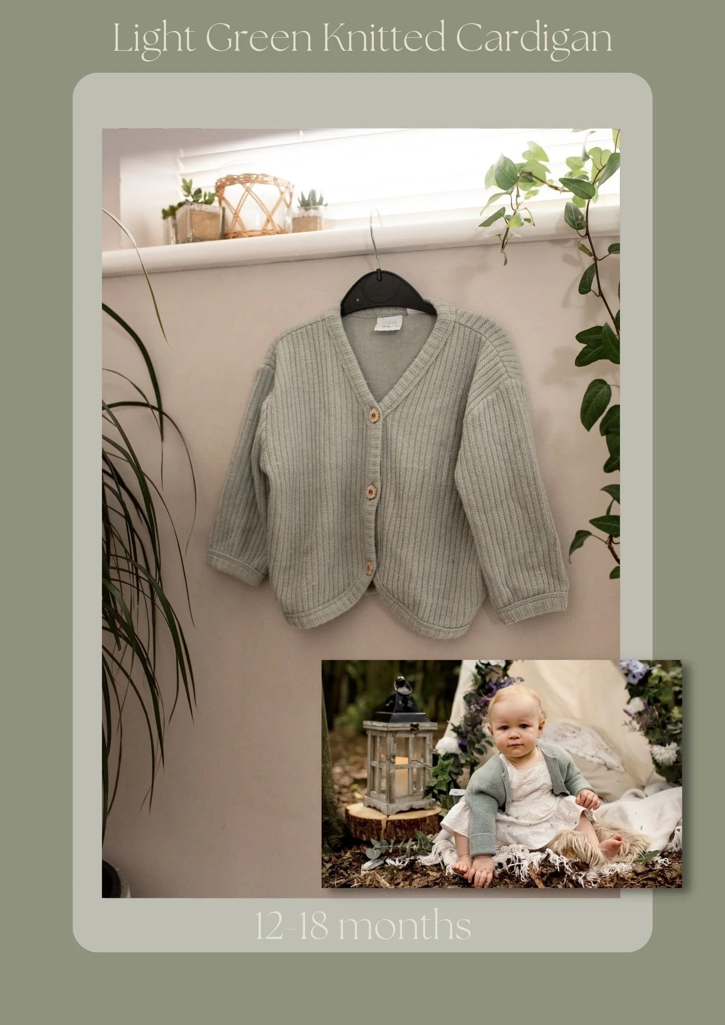 A light green knitted cardigan hanging on a black hanger against a cream wall, with a small photo of a baby wearing the cardigan outdoors, surrounded by nature and flowers, indicating the size range 12-18 months.