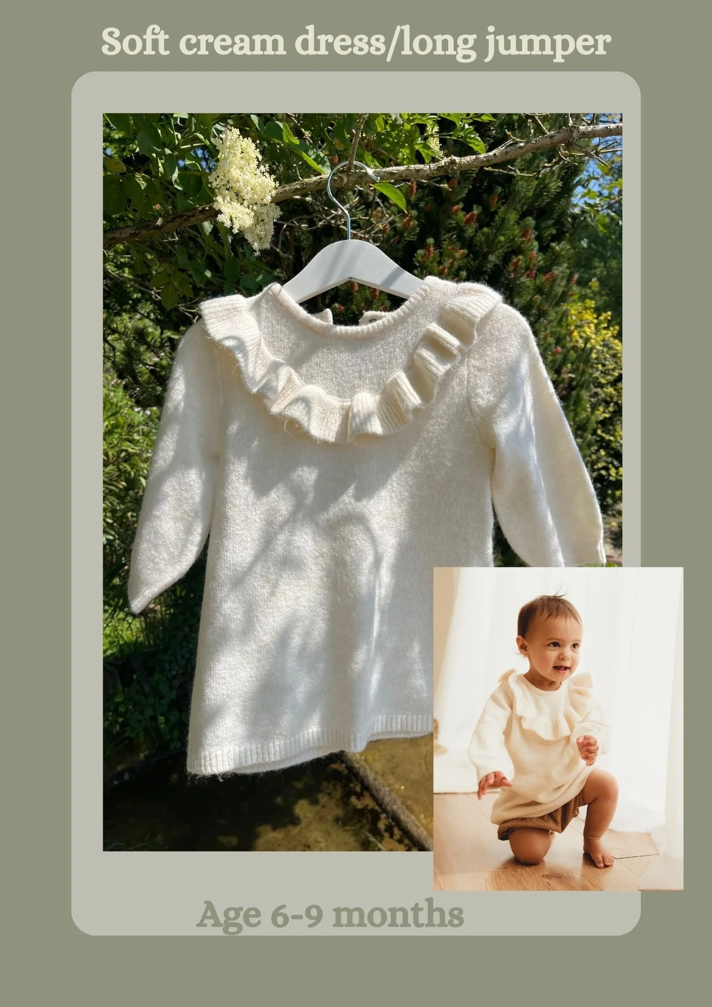 A creamy white children's long-sleeve dress or long jumper with a ruffled collar, hanging outdoors on a hanger, suitable for ages 6 to 9 months, with a smaller inset photo showing a baby wearing the same or similar dress.