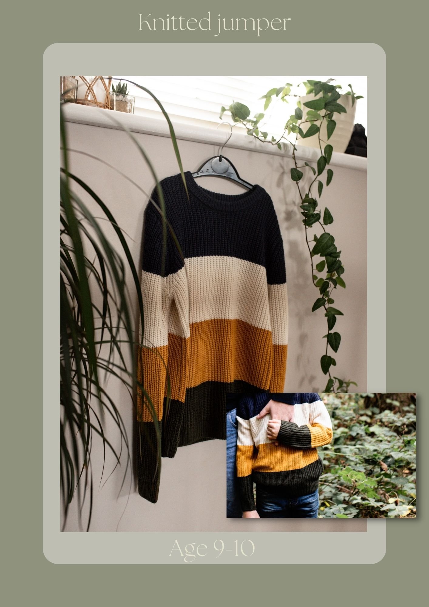 A color-blocked knitted jumper with black, cream, mustard yellow, and dark green horizontal stripes, hanging on a hanger in a cozy room decorated with plants.