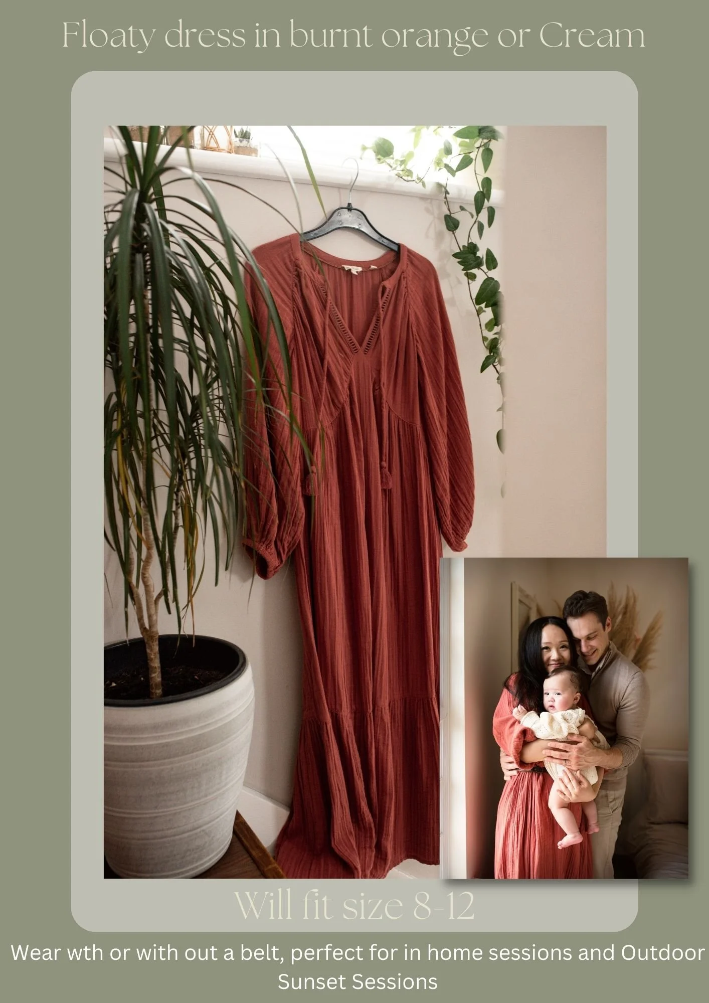 A burnt orange or cream floaty dress hanging on a wall, with a woman and a man hugging and smiling in the bottom right corner of the image