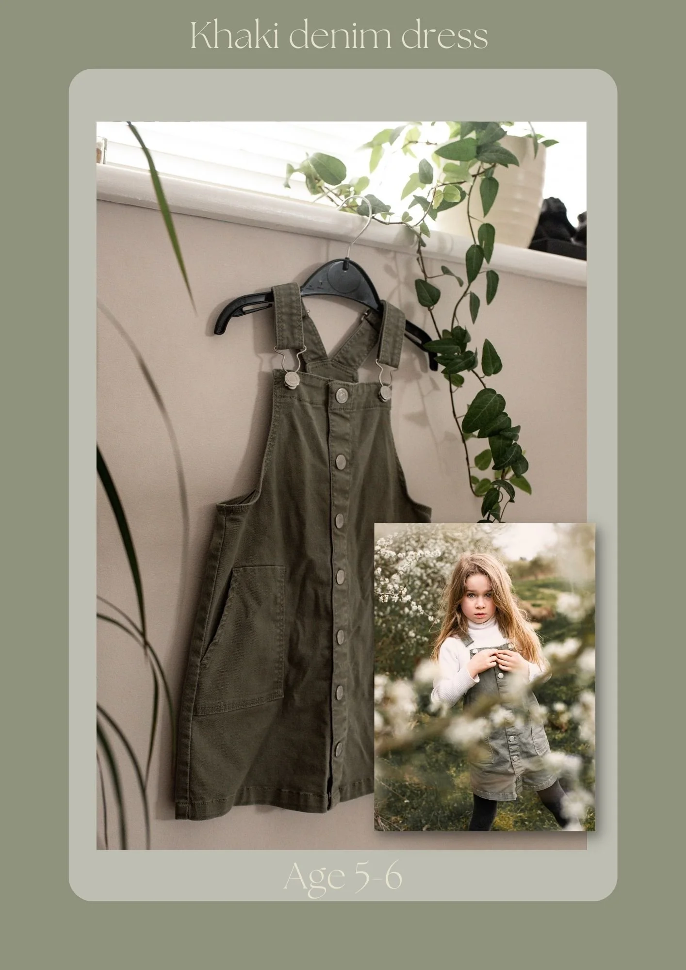 A khaki denim dress hanging on a black hanger on a wall with green leaves nearby. In the bottom right corner, there is a photo of a young girl with long, wavy hair, wearing the dress outdoors surrounded by white flowers, holding a small object in her