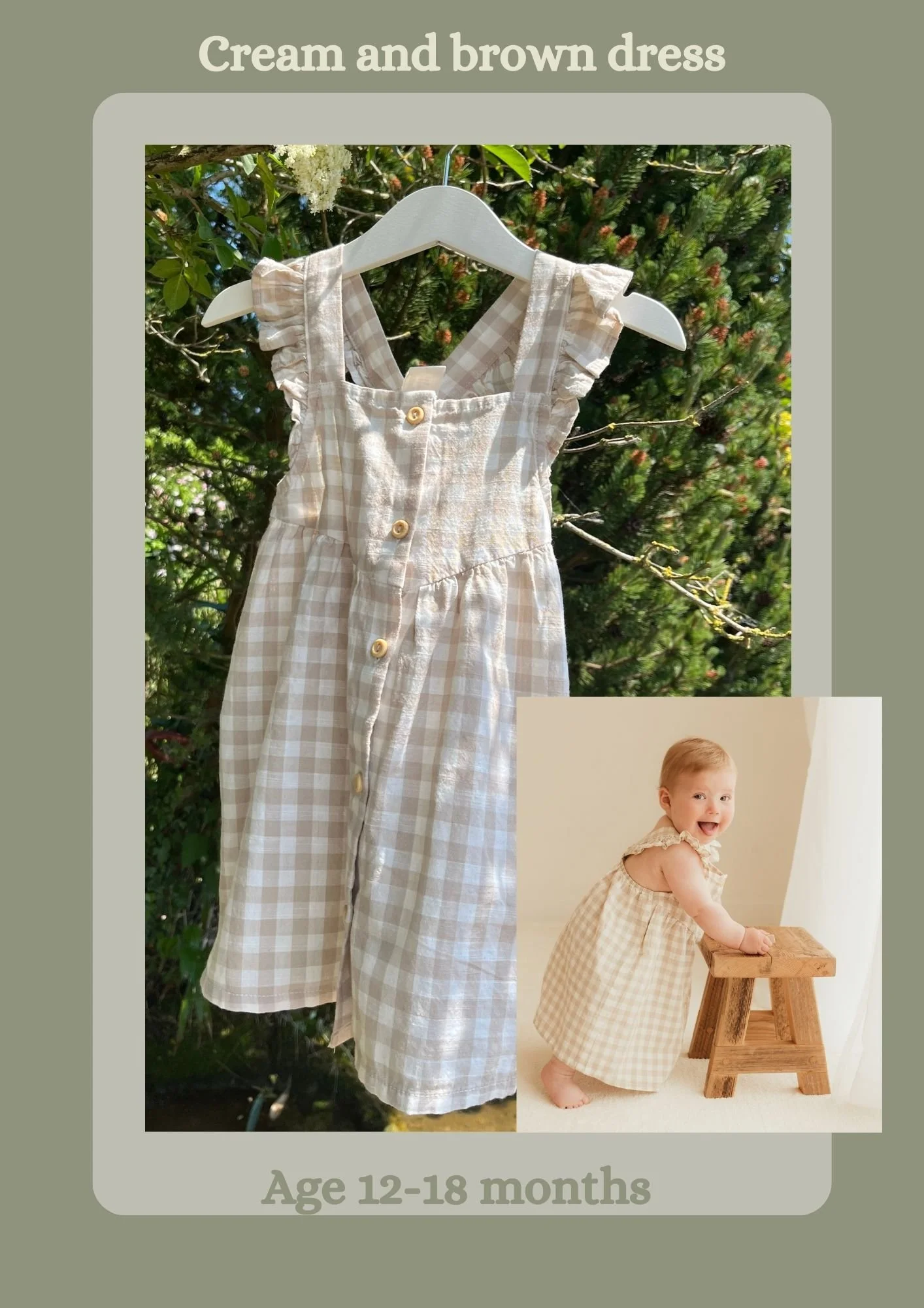 A gingham dress for a baby aged 12 to 18 months, with a picture of a smiling baby girl wearing a similar dress and leaning on a small wooden bench, with a background of indoor curtains.