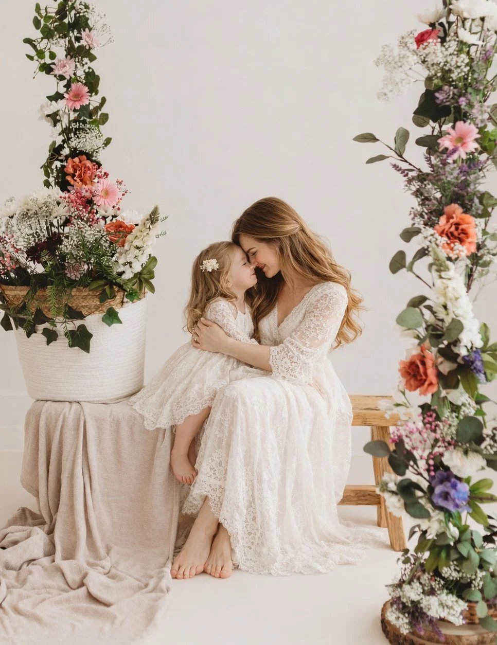 mother and daughter in a cuddle, smiling and connecting amongst flowers