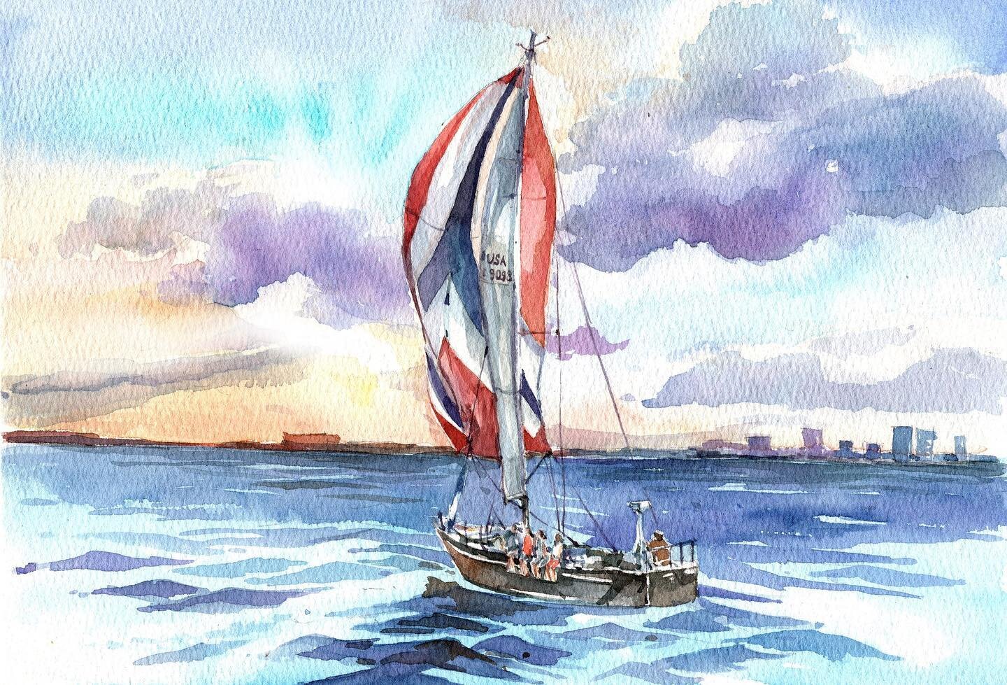 Gorgeous watercolor of our sailboat, Red Dog, in her full glory. Come sail with us!