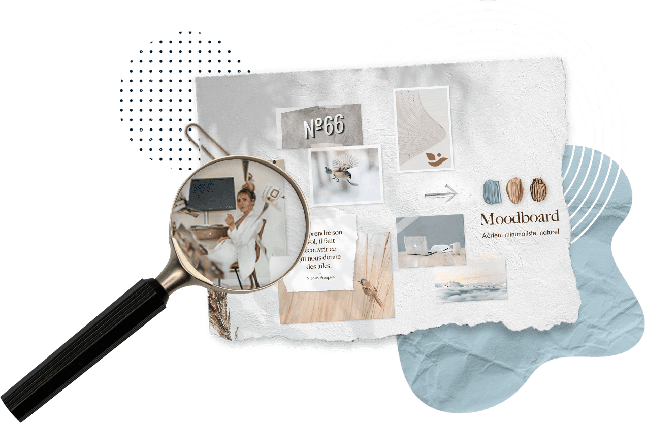 Une planche d'inspiration de moodboard minimaliste avec photos, textes, et éléments graphiques, illuminée par une loupe