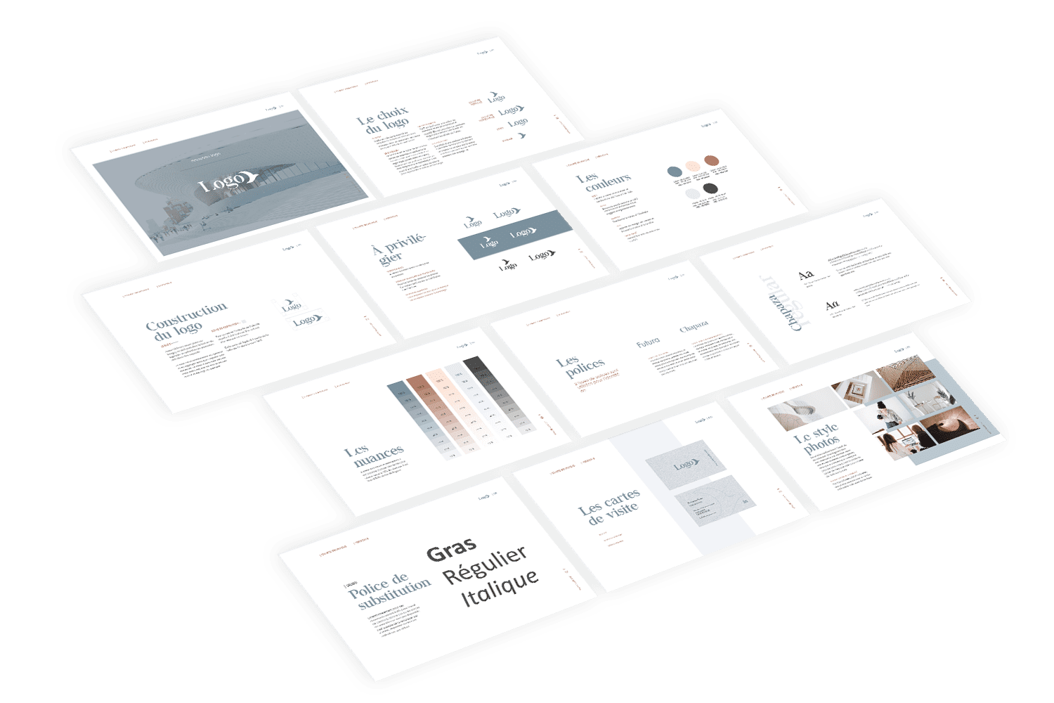 Présentation mockup d'une charte graphique incluant des exemples de logos, palettes de couleurs, polices, et photos de intérieur, avec un thème sobre et professionnel.