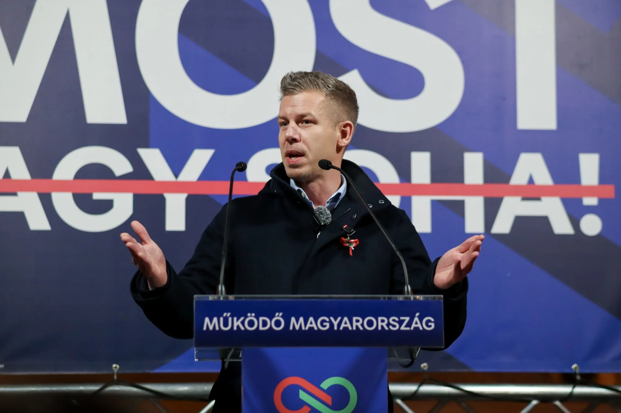 Tisza Party leader Péter Magyar talking at a political rally in Szeged