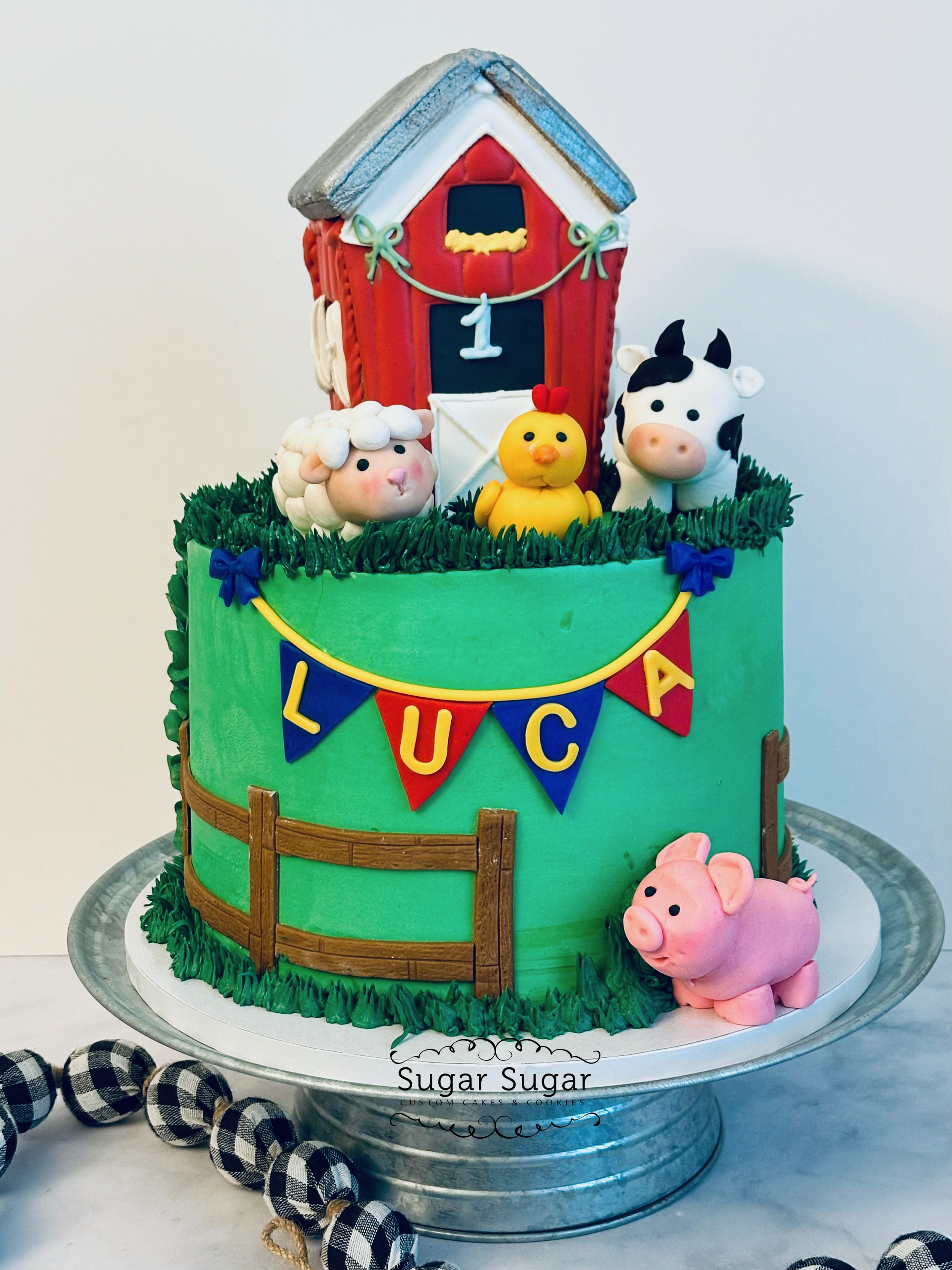 first birthday cake, birthday cake, farm animal cake, buttercream cake, custom cake