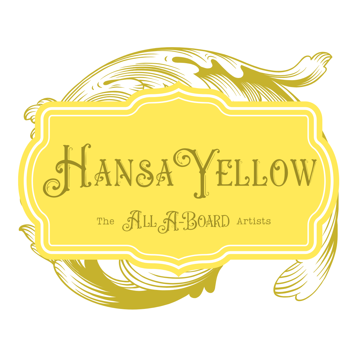 Yellow label with ornate design and text reading 'Hansa Yellow', 'The All A-Board Artists'.