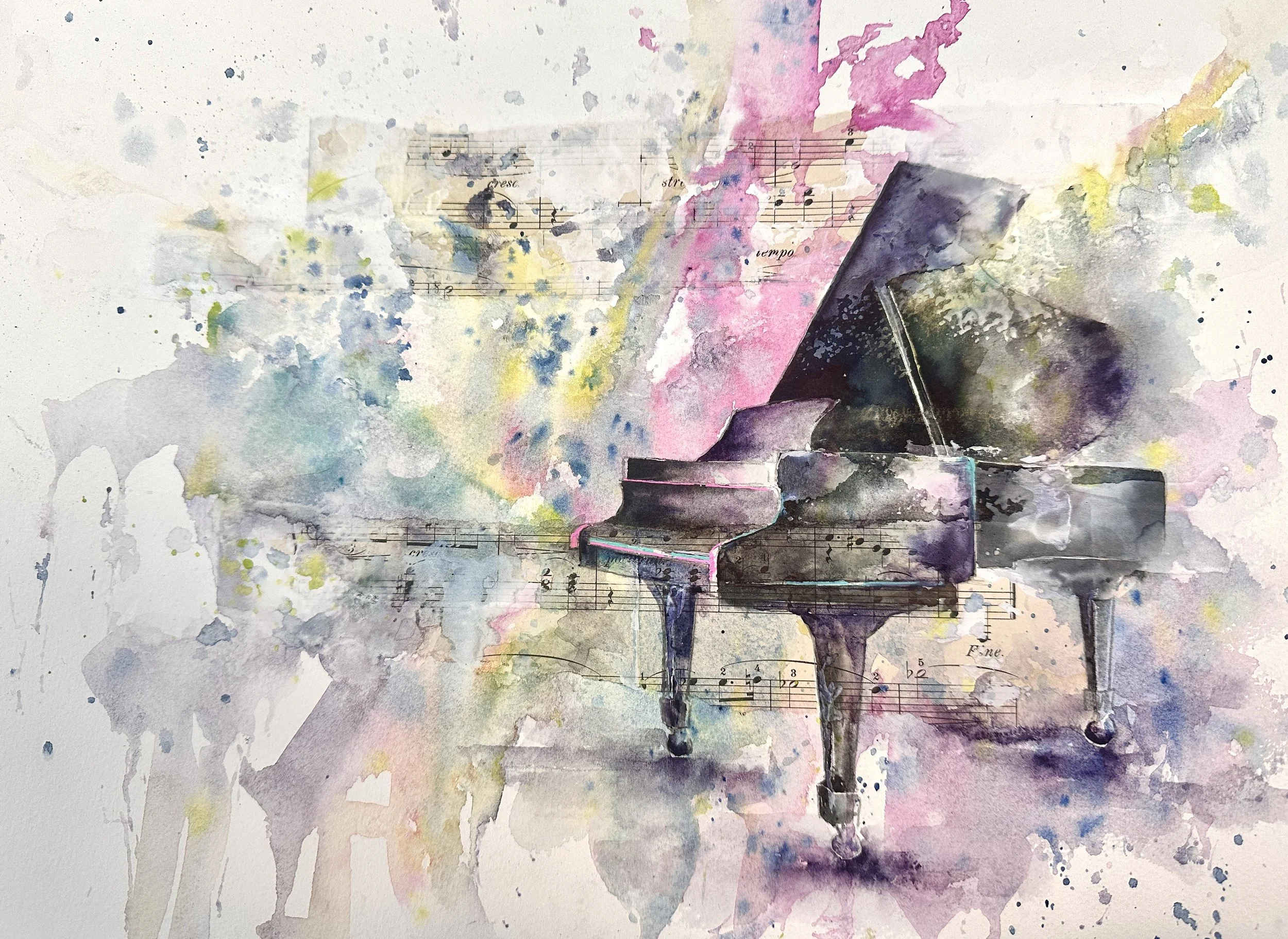 Watercolor painting of a grand piano with musical notes and sheets in the background.