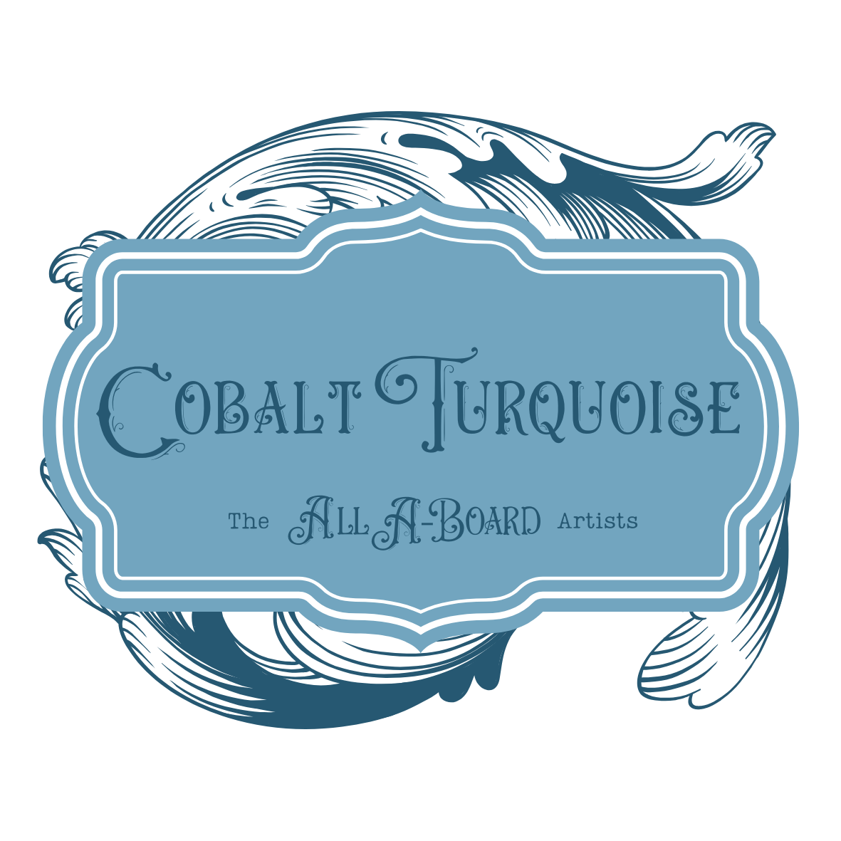 Logo for Cobalt Trough, featuring a blue background with stylized fish surrounding a central label that reads 'Cobalt Trough, The All A-Board Artists' in decorative script.