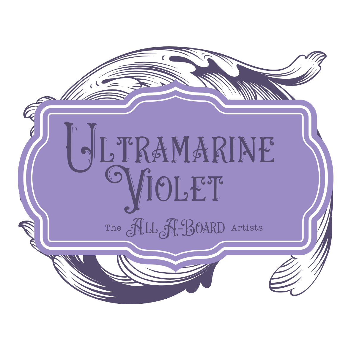Label for Ultralmarine Violet by The All A Board Artists, featuring a purple background, ornate border, and illustration of a fish in dark shades.