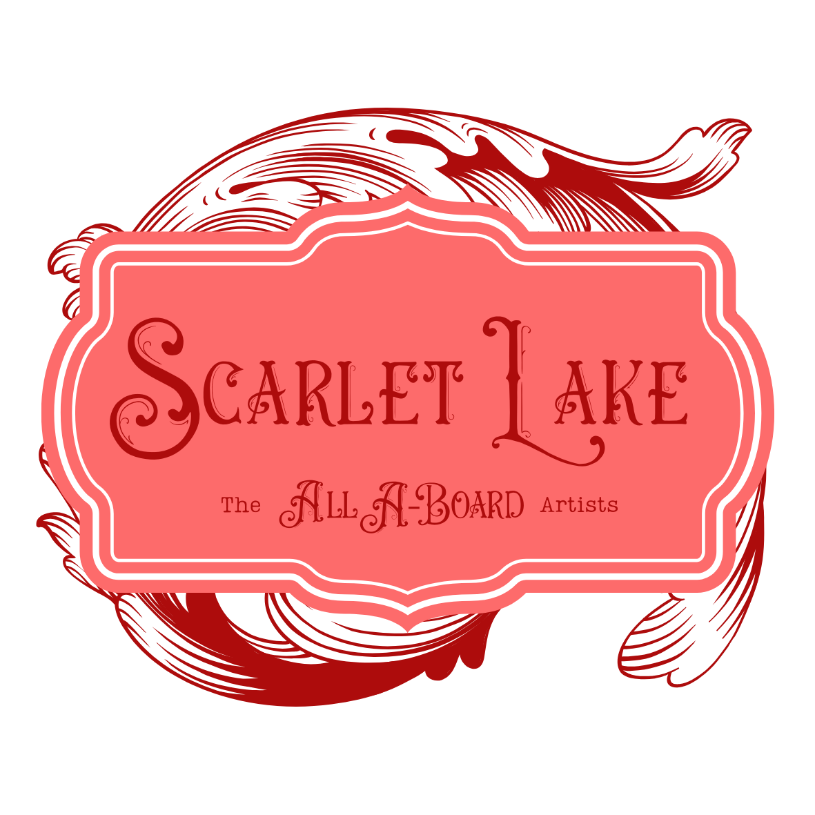 A logo with the text 'Scarlet Lake' in elegant red cursive, surrounded by a decorative pink and white border, with small fish illustrations in red behind the banner.