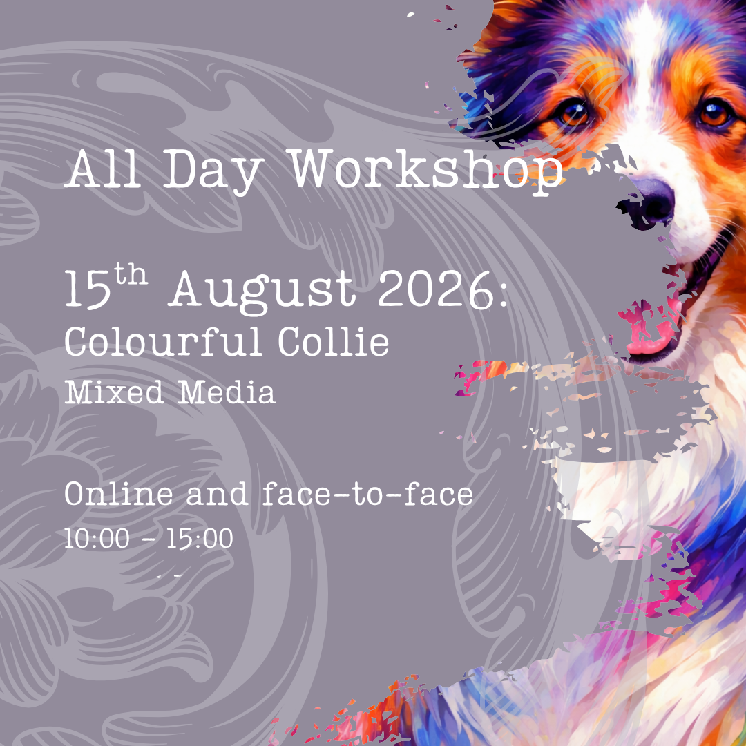 A colorful illustration of a collie dog next to event details for an all-day workshop on August 15th, 2026, including online and face-to-face options, from 10:00 to 15:00.
